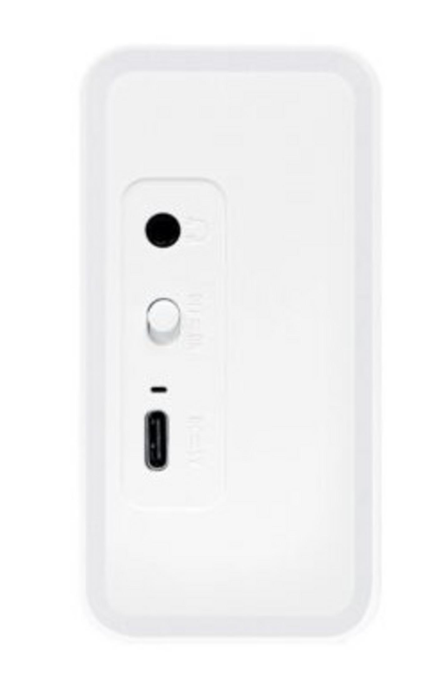 Retro bianco con porte: USB, interruttore, jack audio.