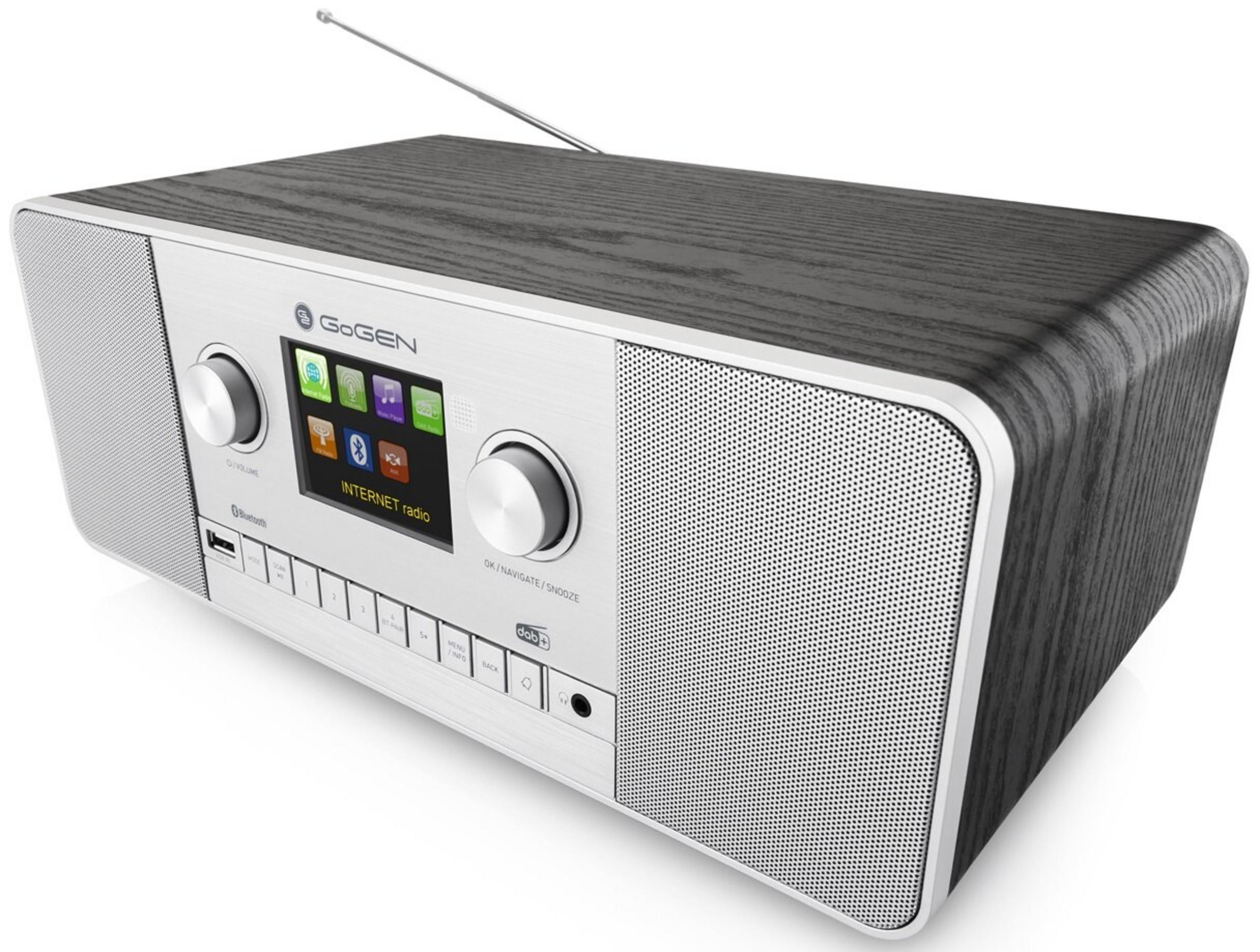 Una radio internet moderna con finitura legno, cassa argentata e pulsanti.