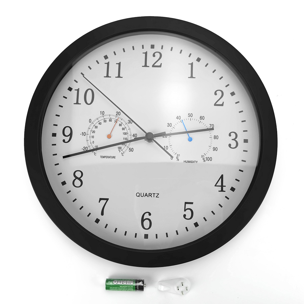 Okrągły zegar ścienny z czarną ramką, termometrem i higrometrem.