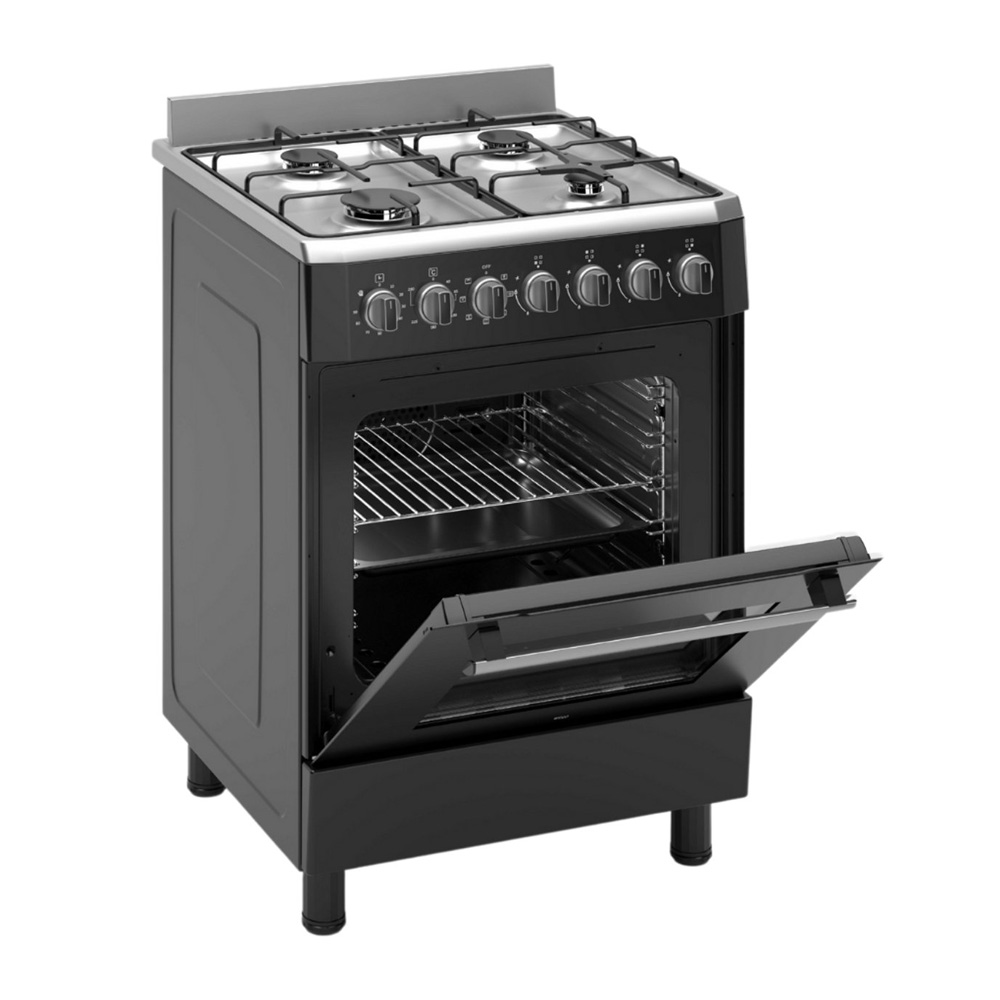 A black gas stove with four burners and an open oven door.