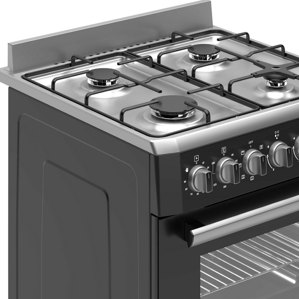 A black gas stove with four burners and a stainless steel top.