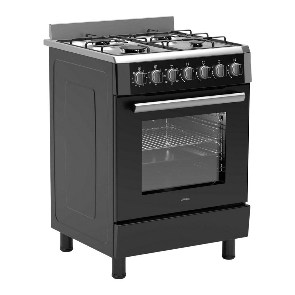 A black freestanding gas stove with an oven. It stands on four legs.