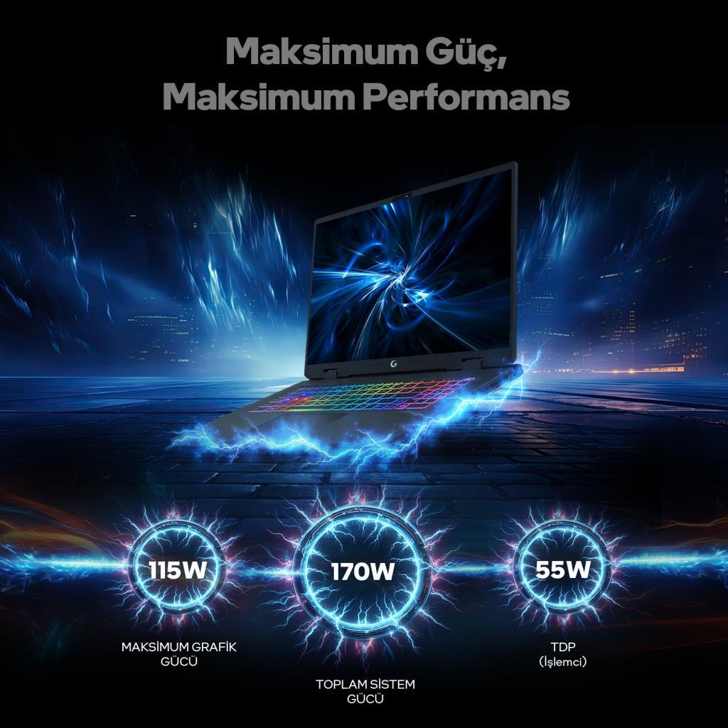 Mavi enerji alanlı koyu arka plan üzerinde RGB klavyeli dizüstü bilgisayar.