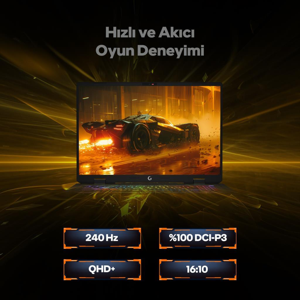Dizüstü bilgisayar alevli yarış arabası gösteriyor. Özellikler: 240 Hz, %100 DCI-P3, QHD+, 16:10.