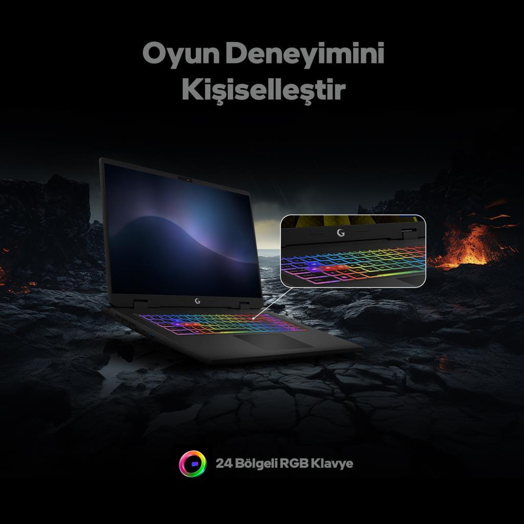 Renkli RGB klavyeli dizüstü bilgisayar, lavların olduğu karanlık, kayalık bir manzarada sergileniyor.