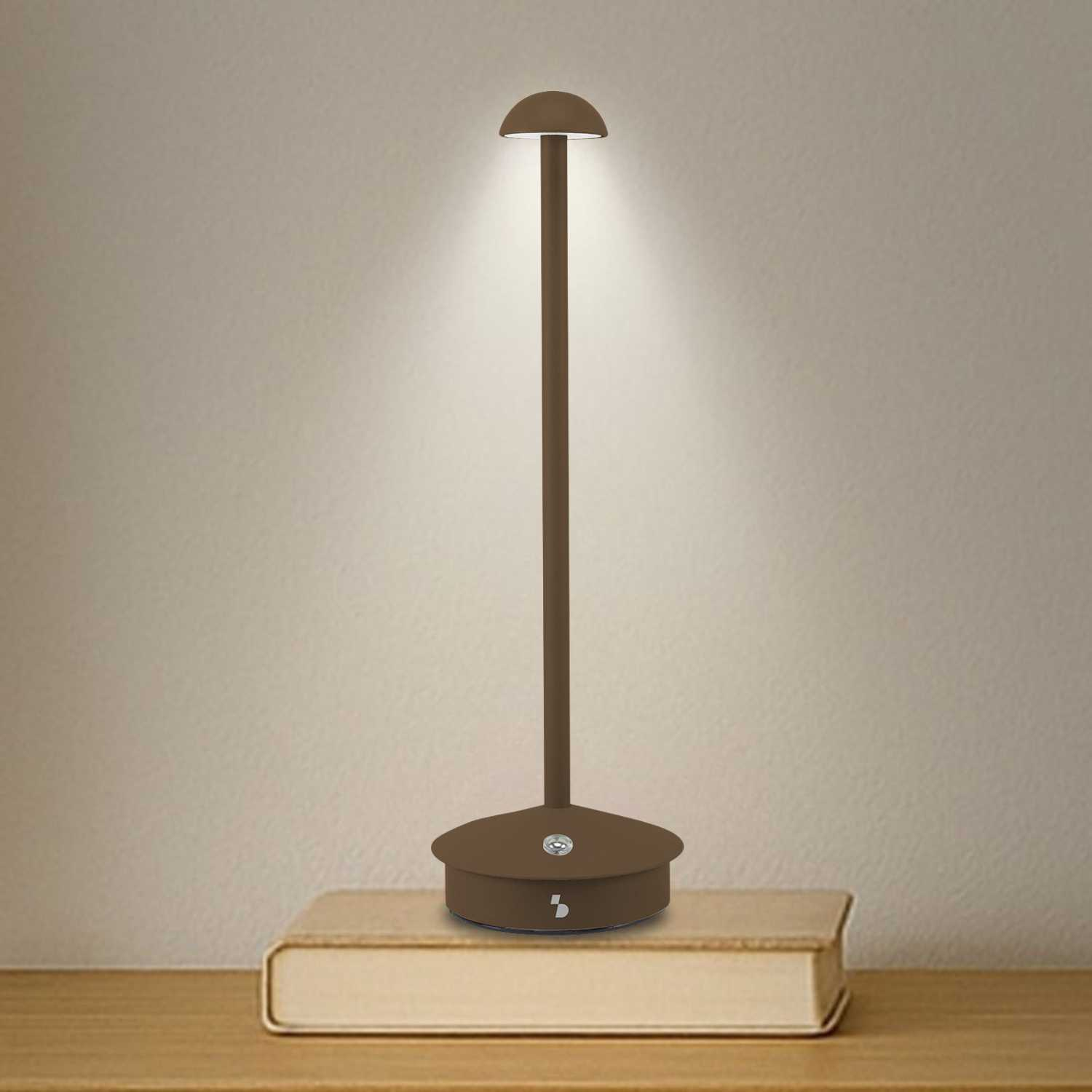 Lampada da scrivania marrone su un libro contro un muro.