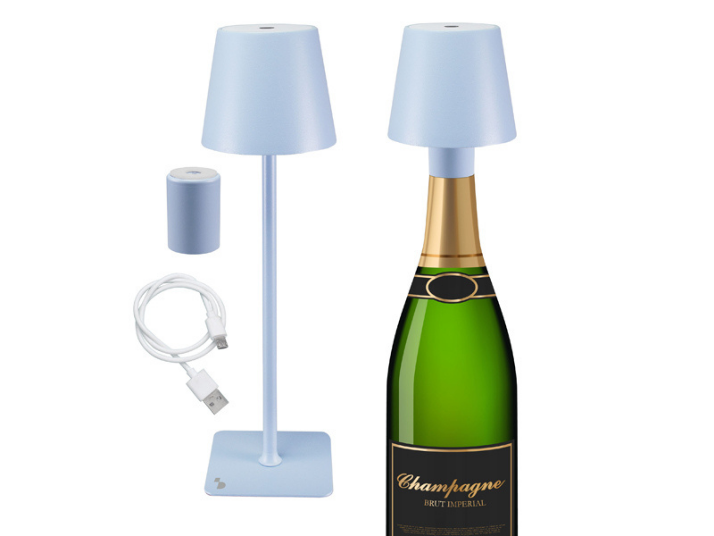 Una bottiglia di champagne accanto a una piccola lampada con cavo USB.