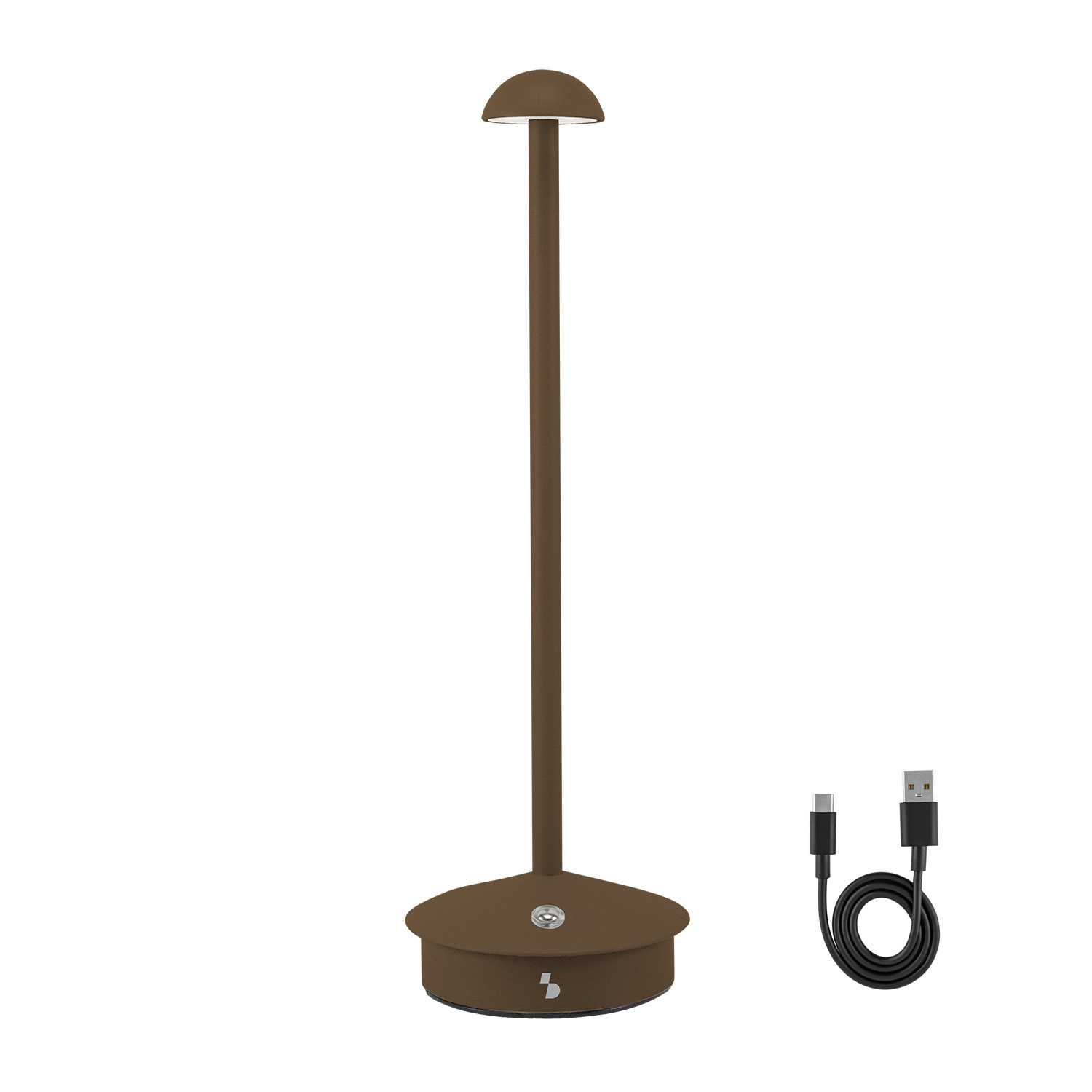 Una lampada da scrivania ricaricabile marrone con cavo USB-C.