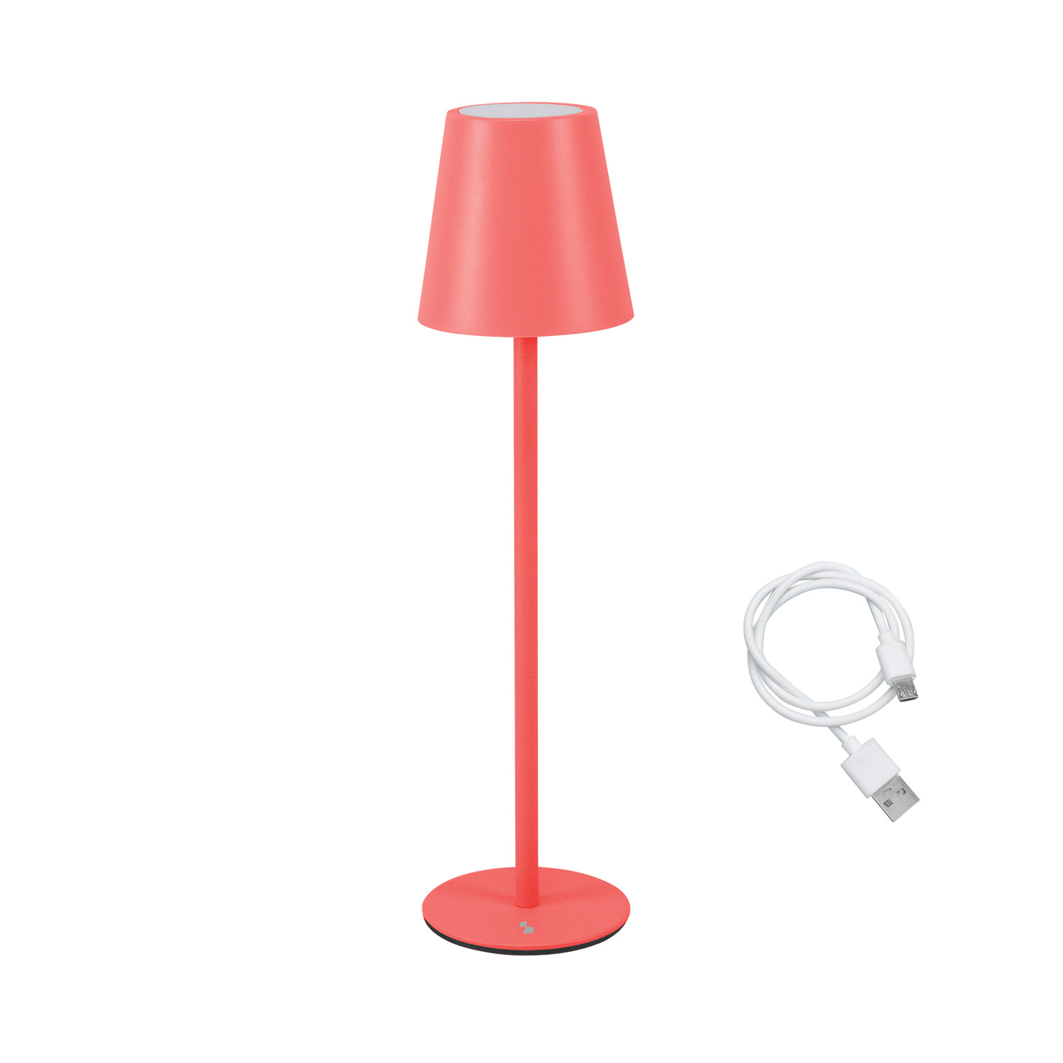 Una lampada rosso corallo con cavo USB su sfondo bianco.
