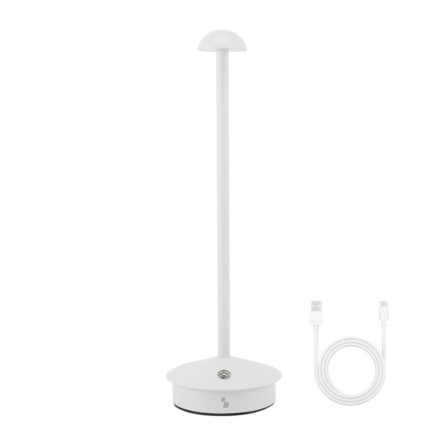 Lampada da scrivania bianca con base rotonda e cavo USB.