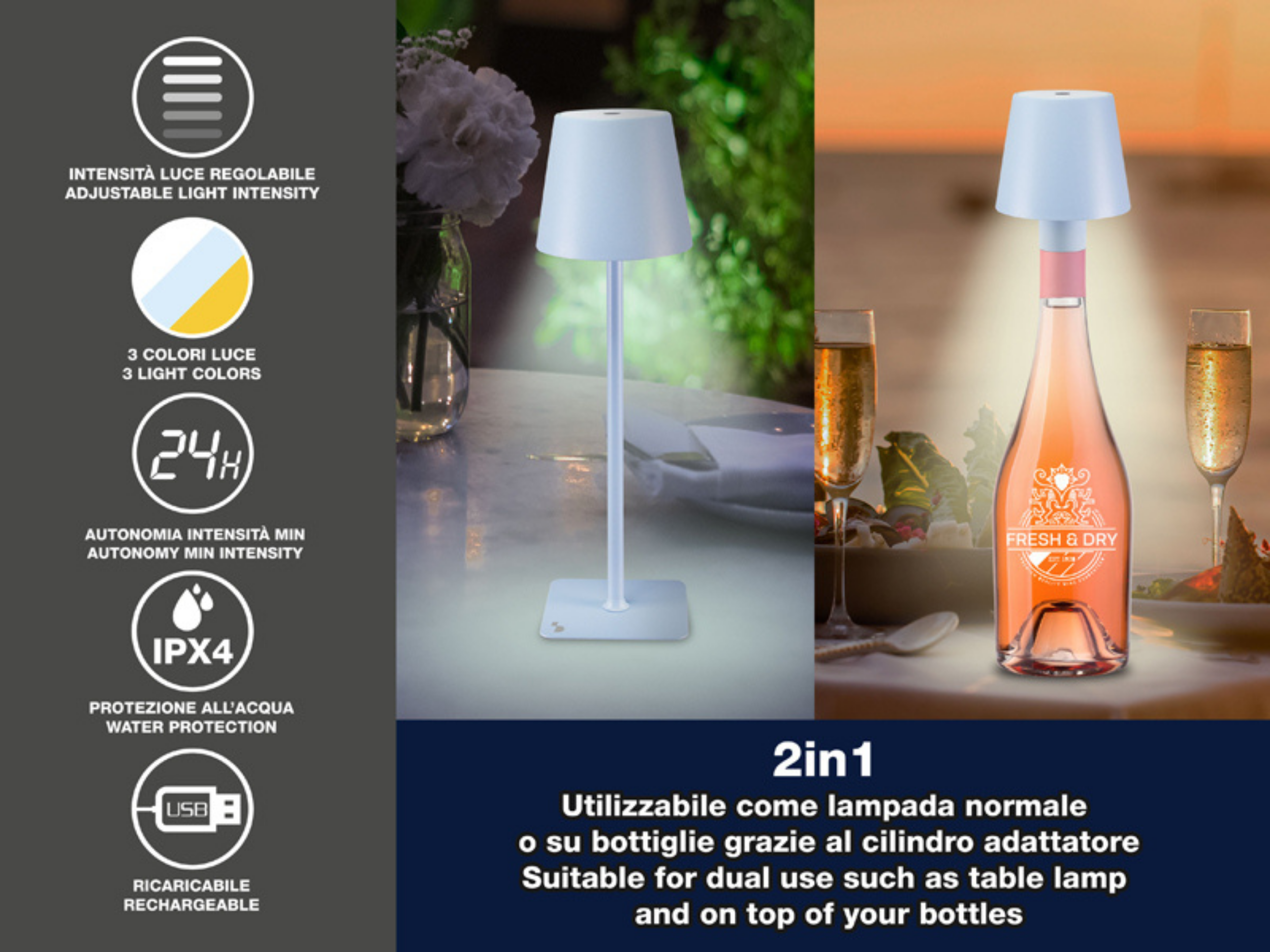 Una lampada su un tavolo, un'altra su una bottiglia di vino.