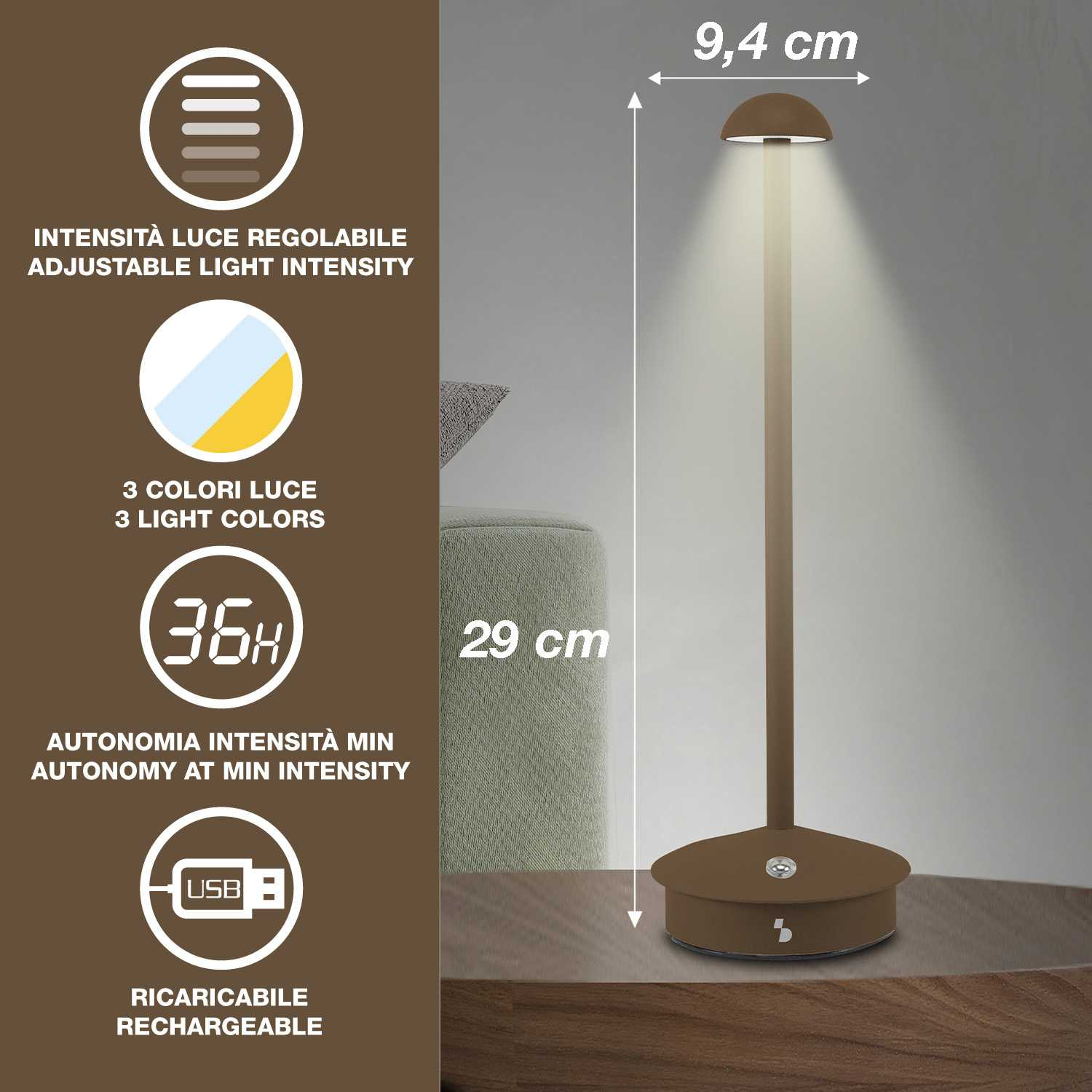 Lampada da tavolo marrone, intensità regolabile, 3 colori, autonomia 36h, ricaricabile USB.