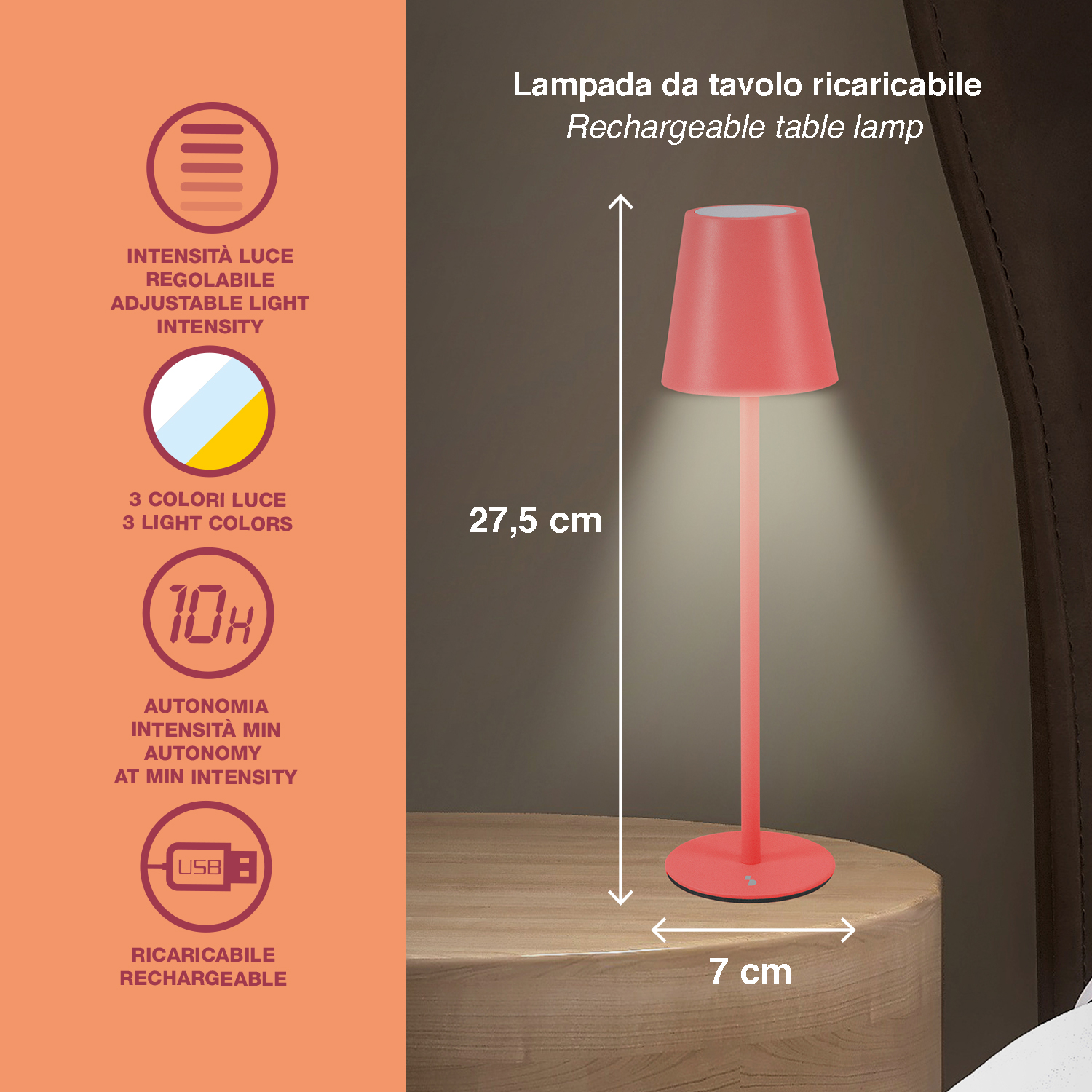 Una lampada da tavolo ricaricabile rossa su un comodino, alta 27,5 cm.