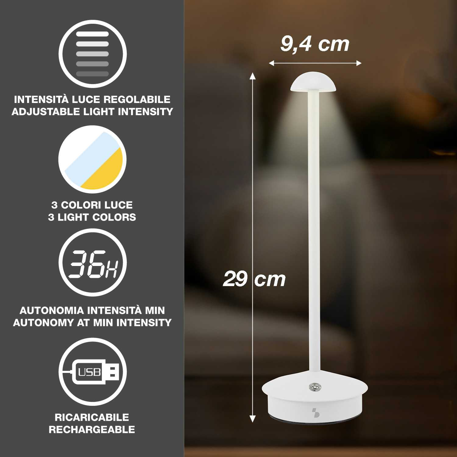 Una lampada da tavolo bianca, alta 29 cm, con luminosità regolabile e 3 colori.