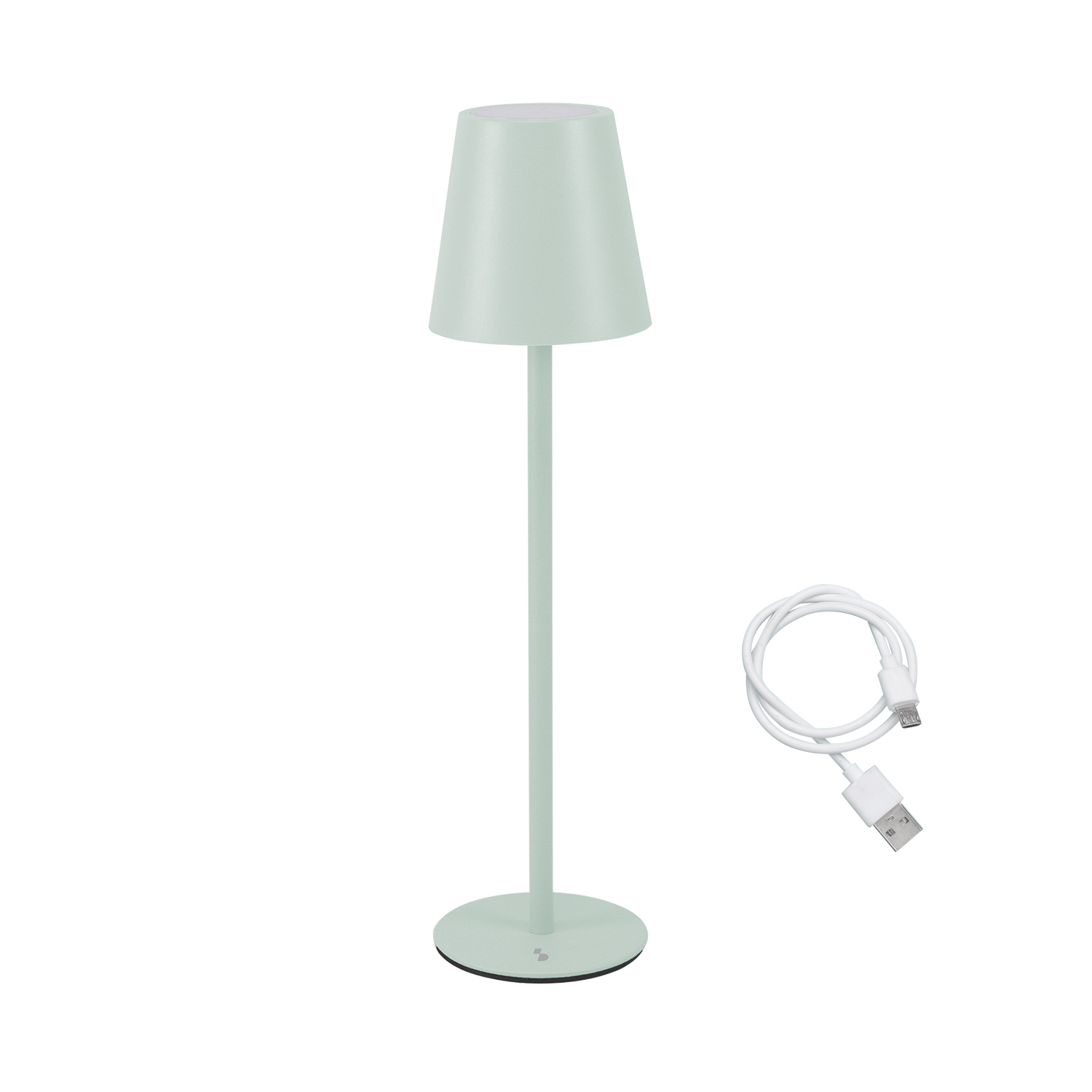 Una lampada verde pallido con base rotonda e cavo USB.