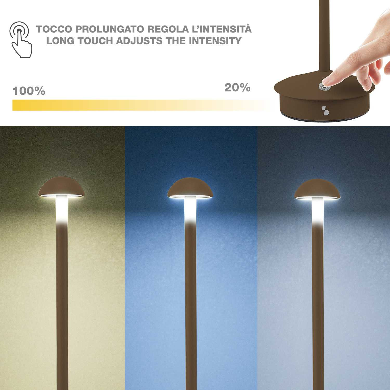Un dito preme un pulsante. Tre lampade mostrano diversi livelli di luminosità.