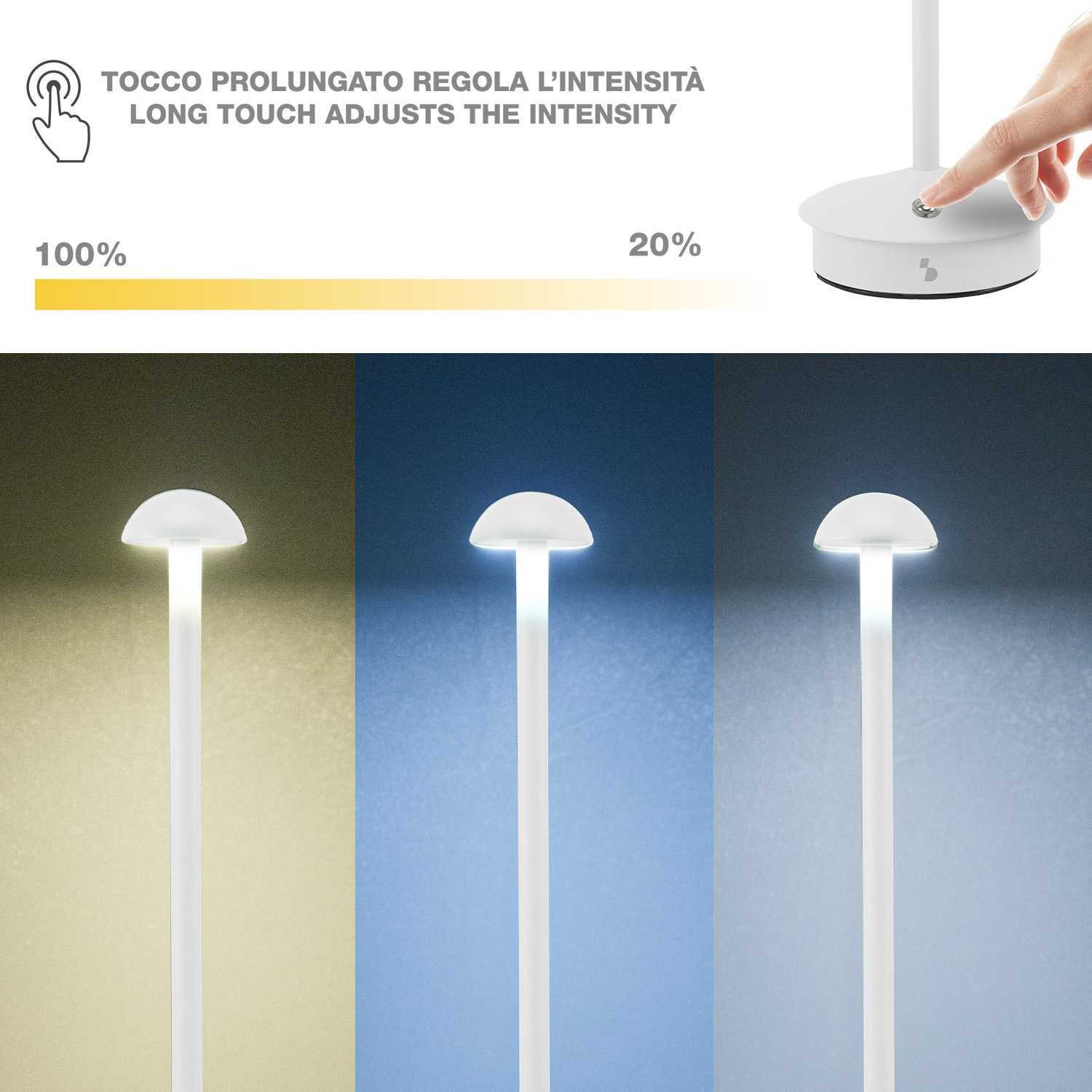 Lampada regolabile: intensità dal 100% al 20%. Mostra diversi colori di luce.
