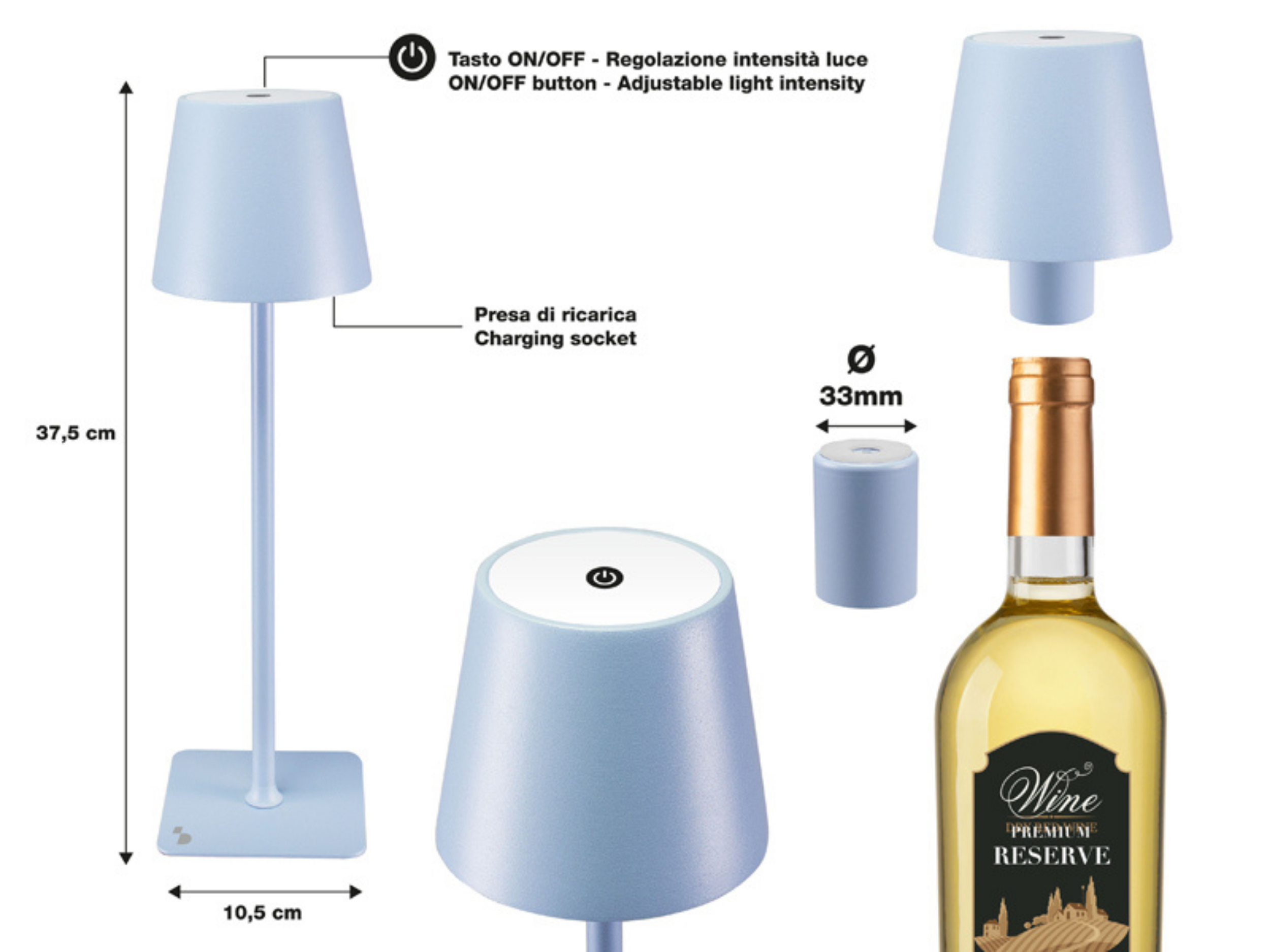 Una lampada blu con dimensioni e una bottiglia di vino.