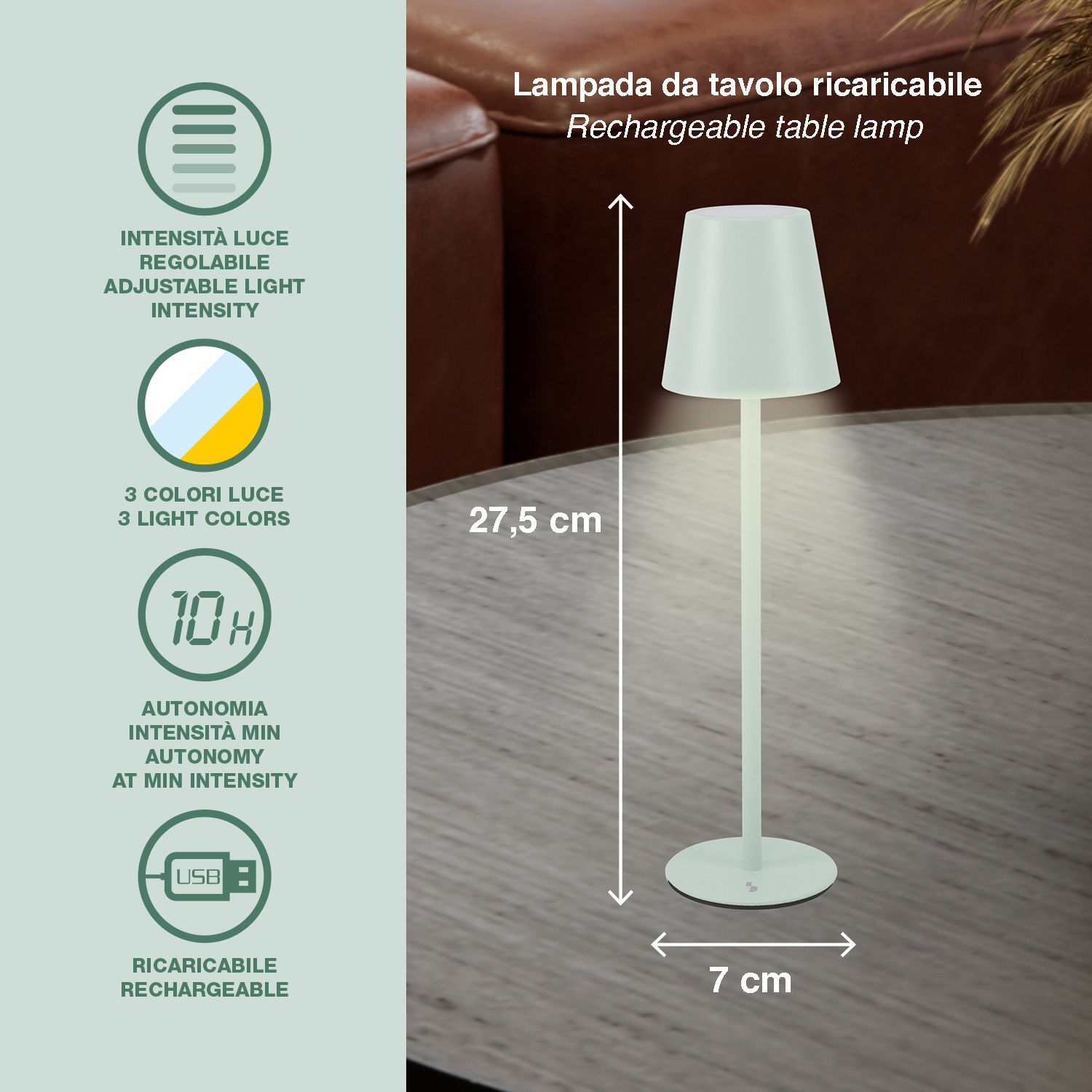 Lampada da tavolo ricaricabile bianca, luminosità regolabile, 3 colori, 10h autonomia.