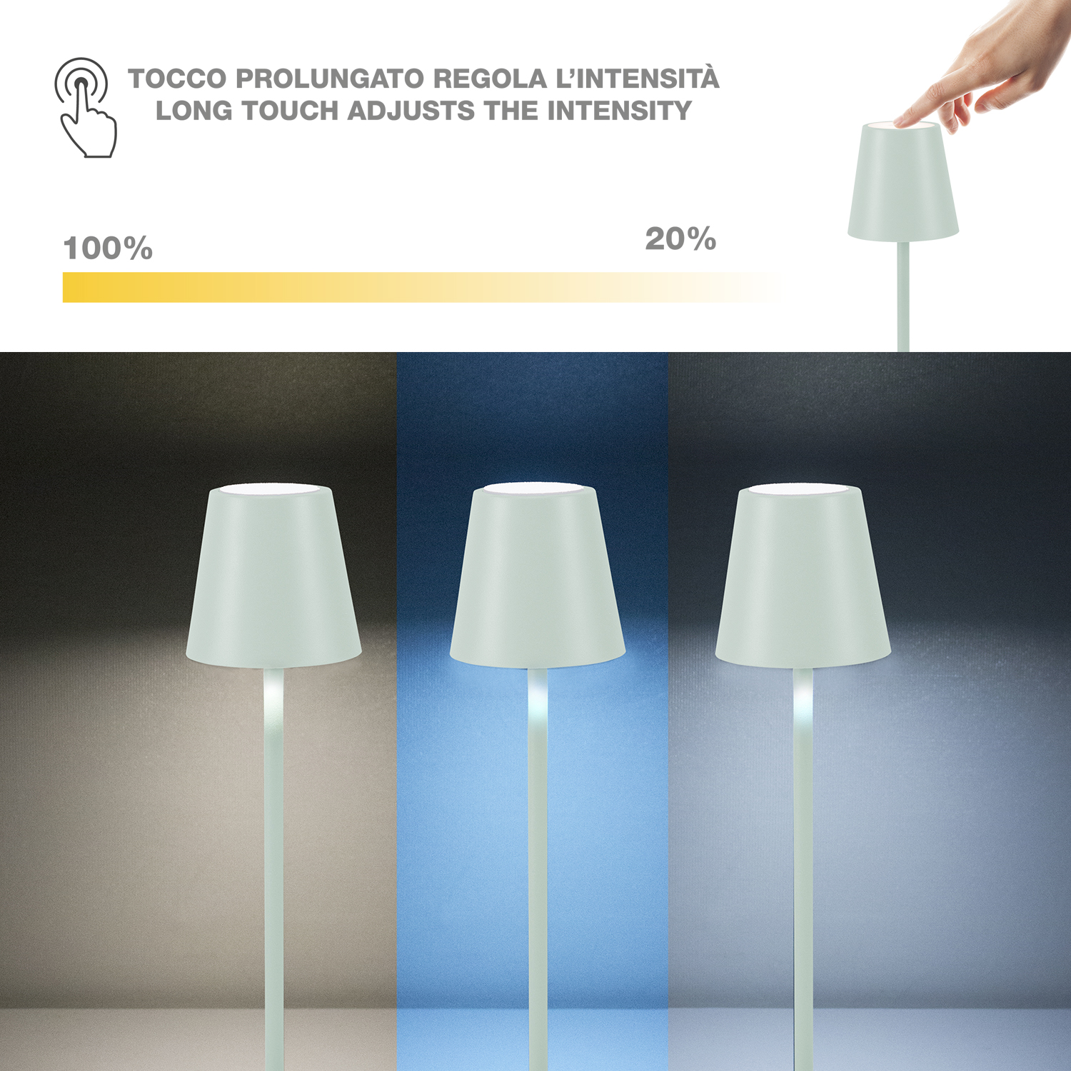 Una mano tocca una lampada. La luminosità si regola dal 100% al 20%.