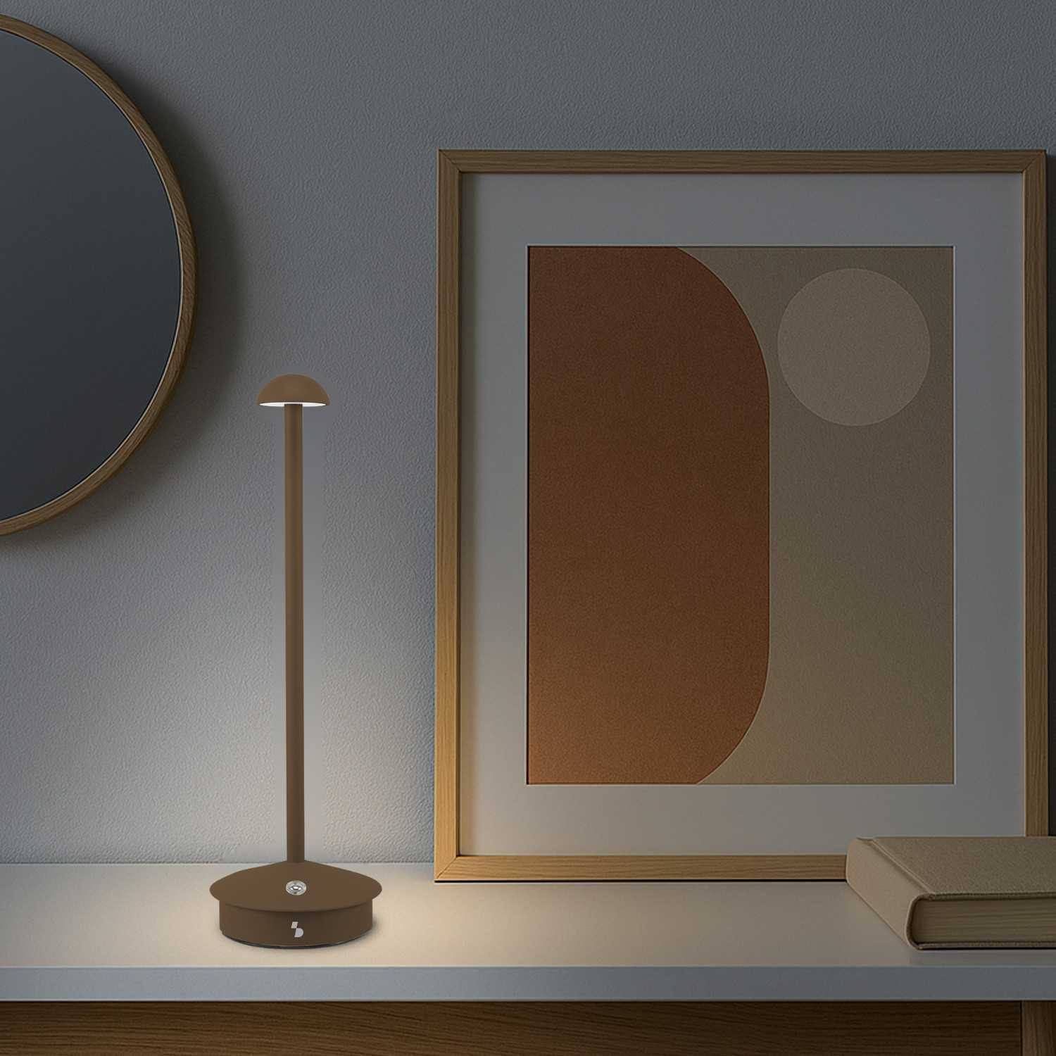 Una lampada da scrivania marrone accanto a un quadro e un libro.