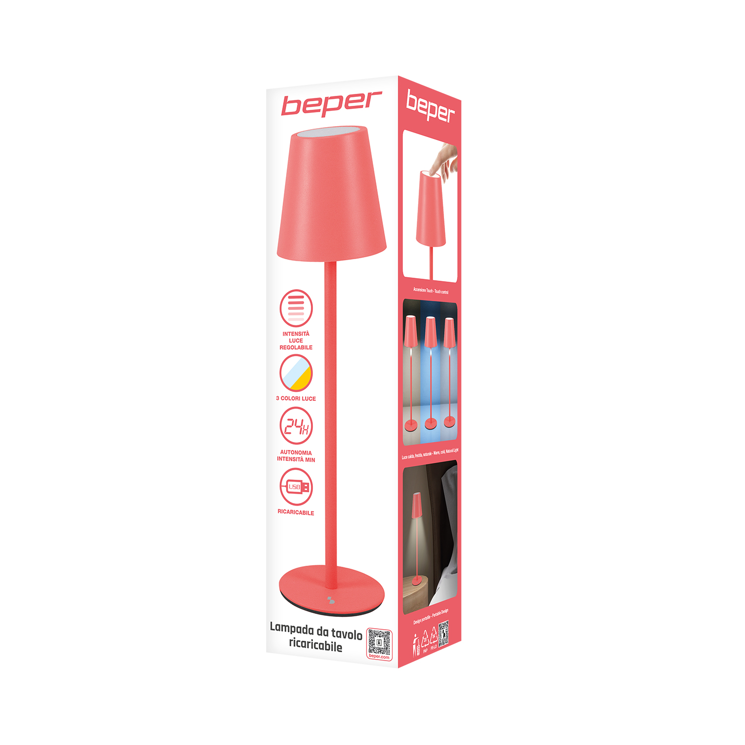 Una lampada da tavolo ricaricabile corallo con controllo touch e luminosità regolabile.