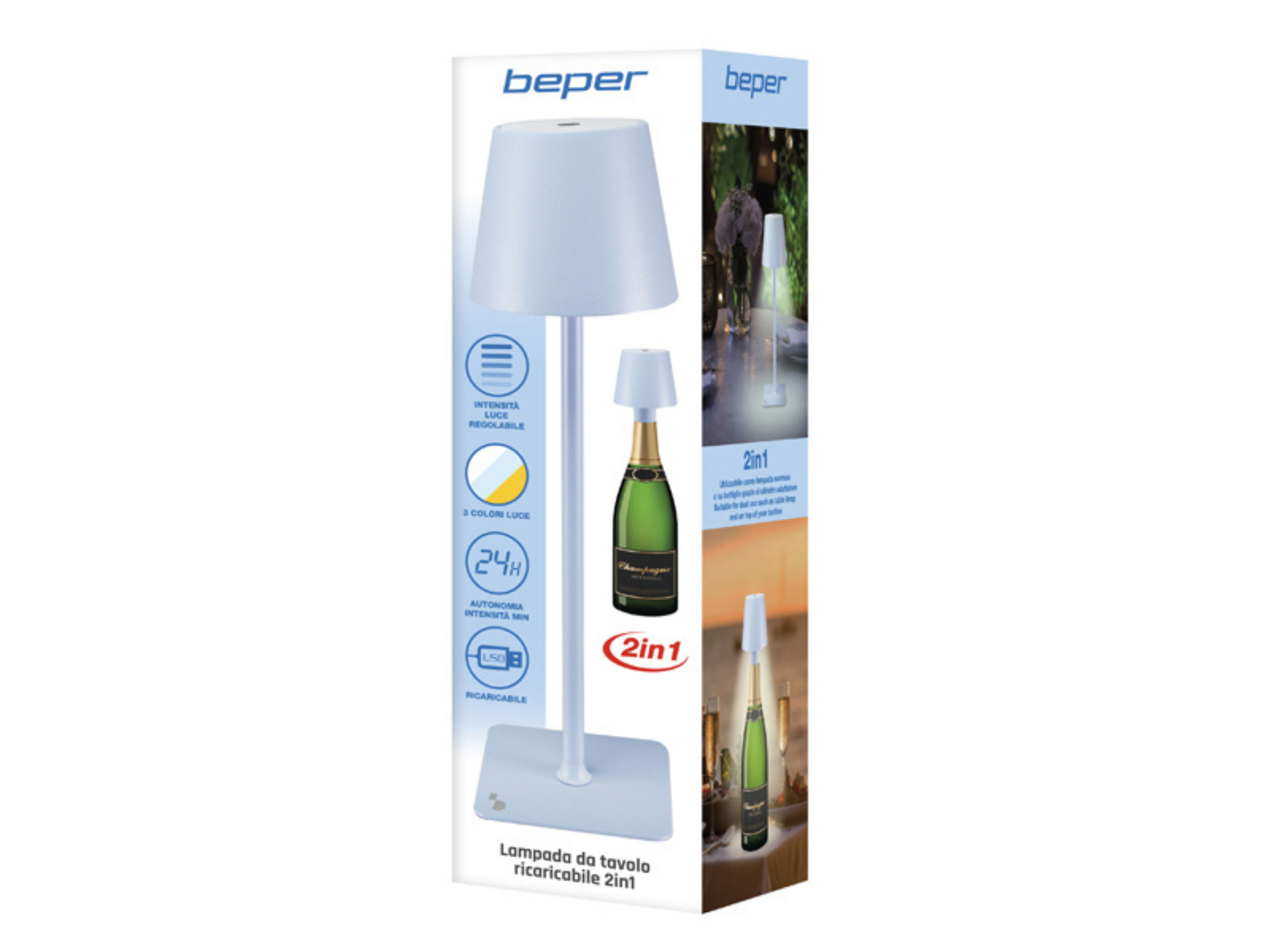 Confezione di una lampada da tavolo ricaricabile 2 in 1 con design a bottiglia.