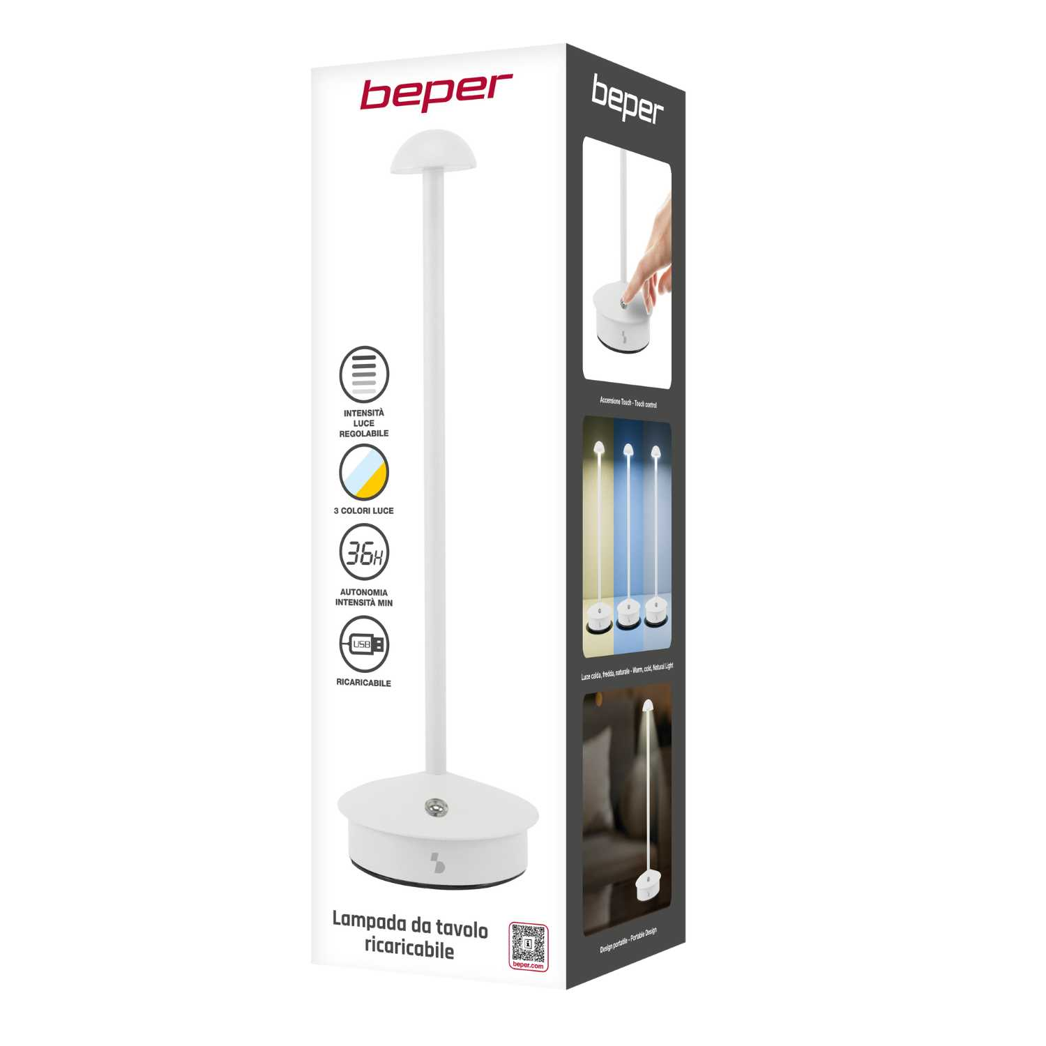 Lampada da tavolo Beper bianca con controllo touch, ricarica USB e 3 colori luce.