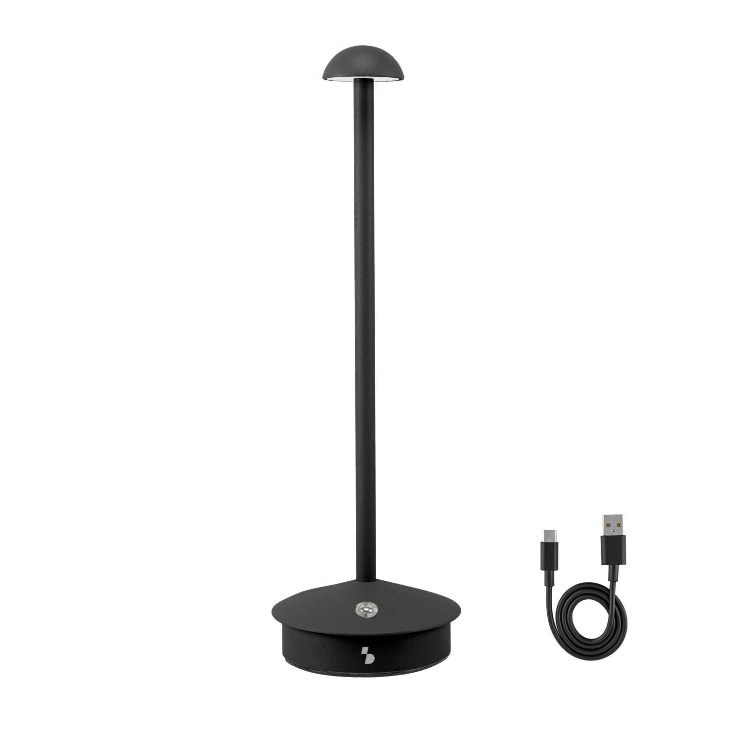 Una lampada da scrivania nera con cavo USB, su sfondo bianco.