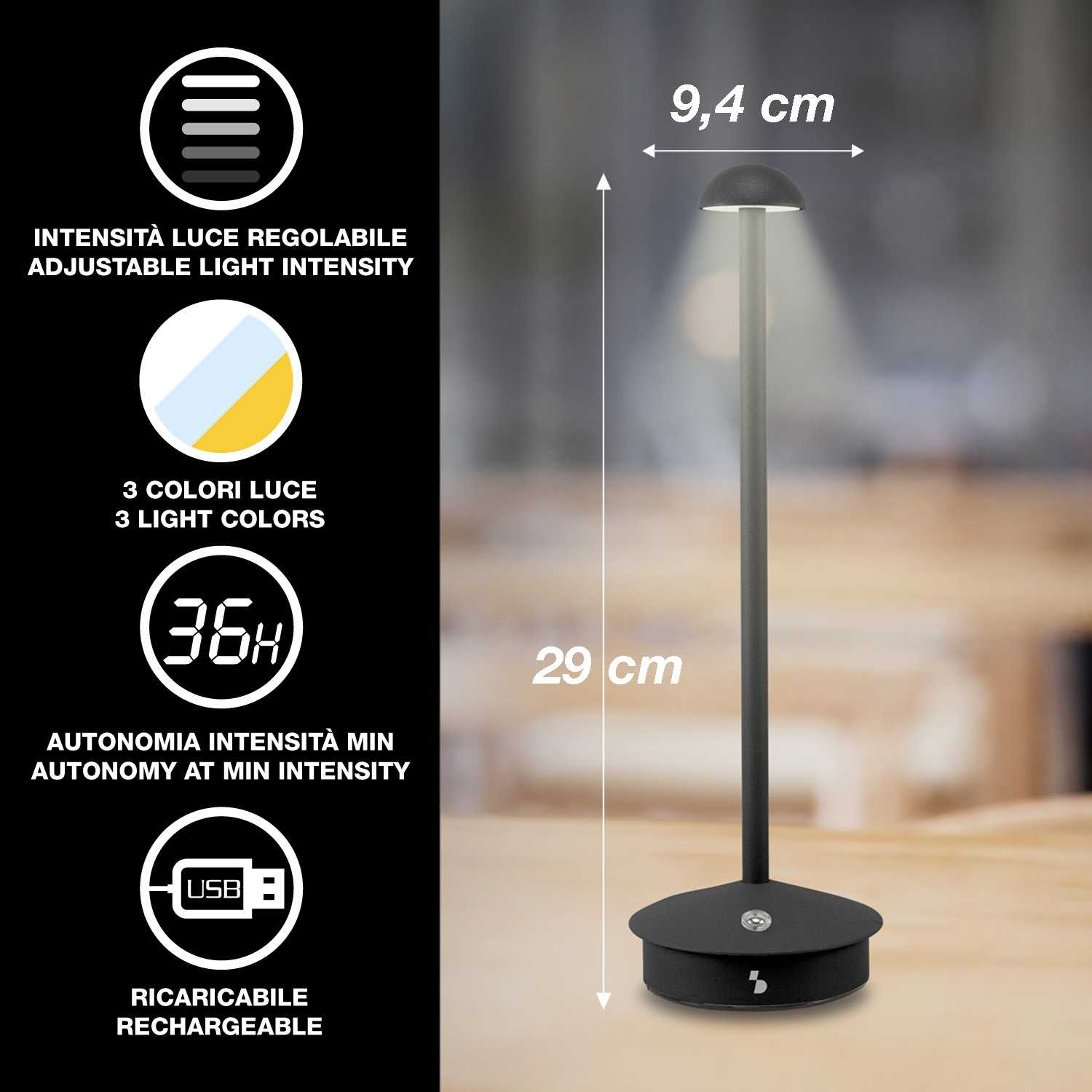 Una lampada da tavolo nera con intensità regolabile e 3 colori luce.