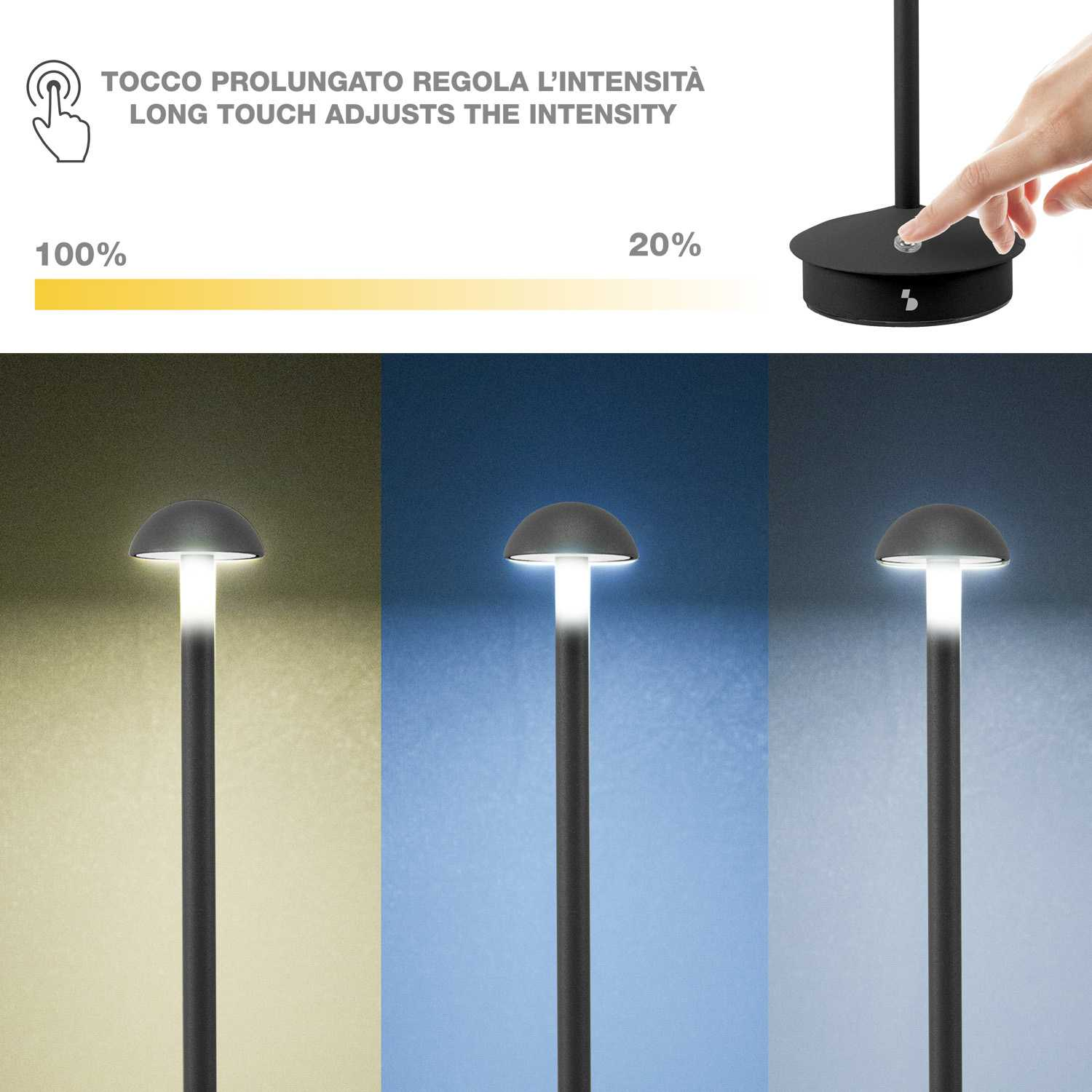 Un dito regola la luminosità della lampada. Tre lampade mostrano diversi livelli di intensità.