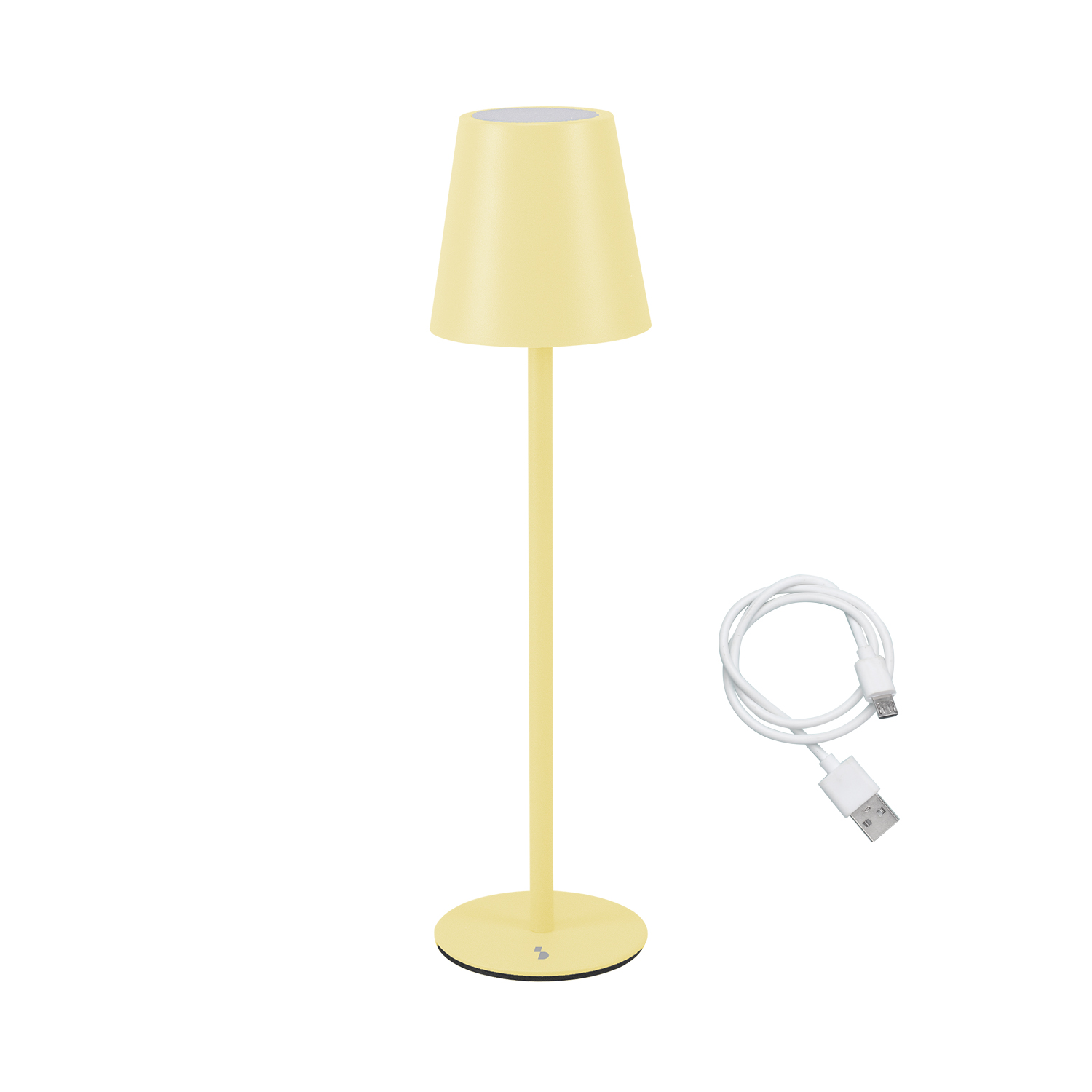 Una lampada gialla con base rotonda e un cavo USB bianco.