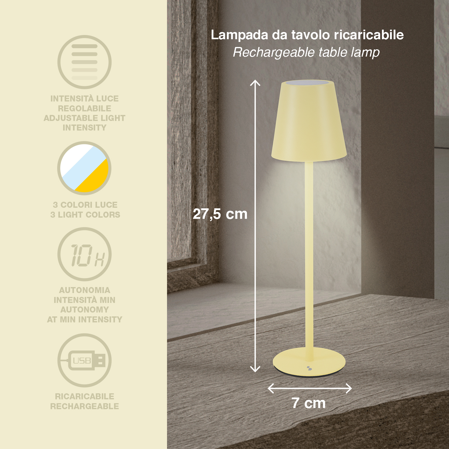 Una lampada da tavolo ricaricabile gialla con luminosità regolabile e 3 colori luce.