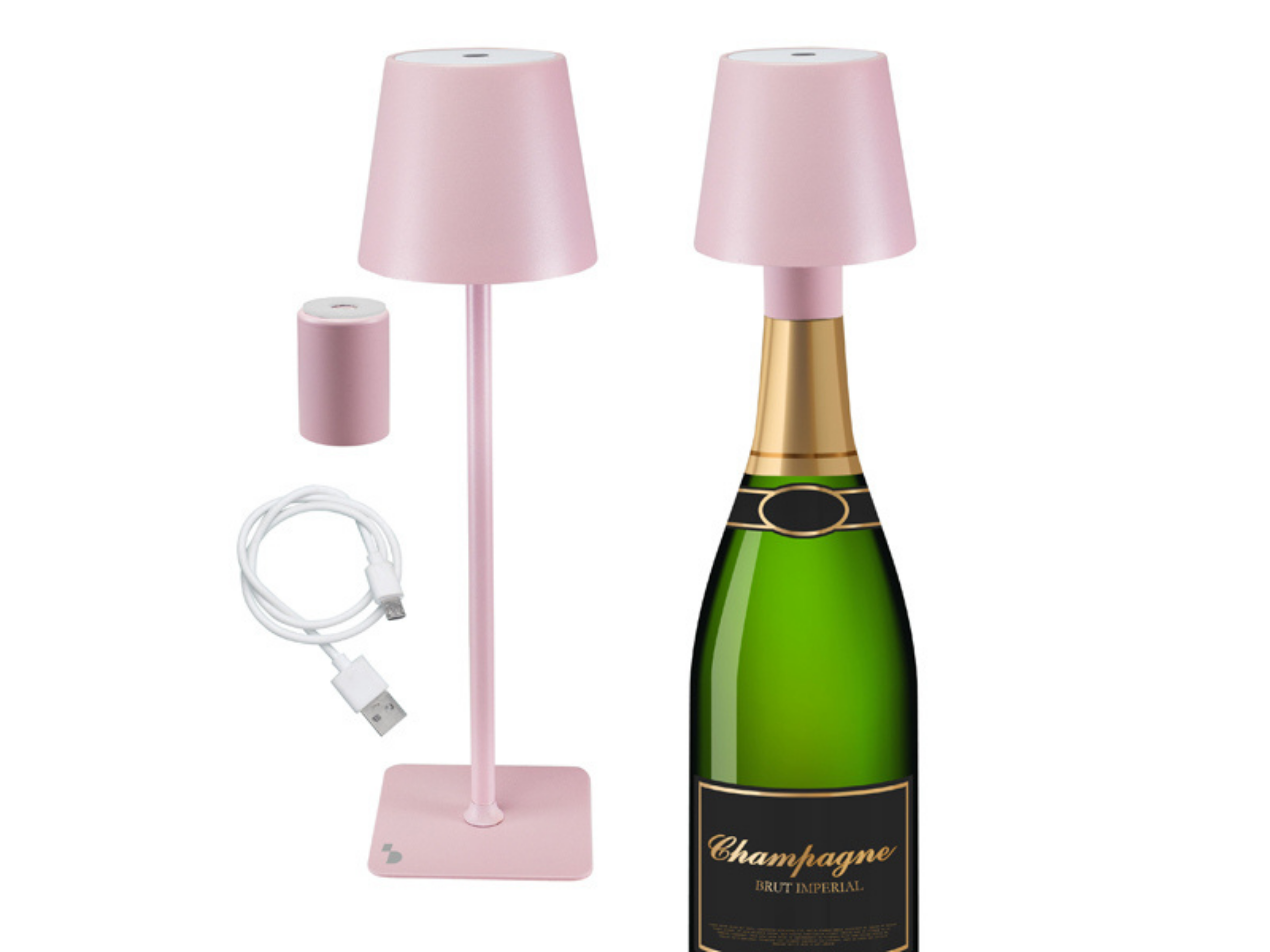 Lampada rosa con bottiglia di champagne, cavo USB e cilindro.