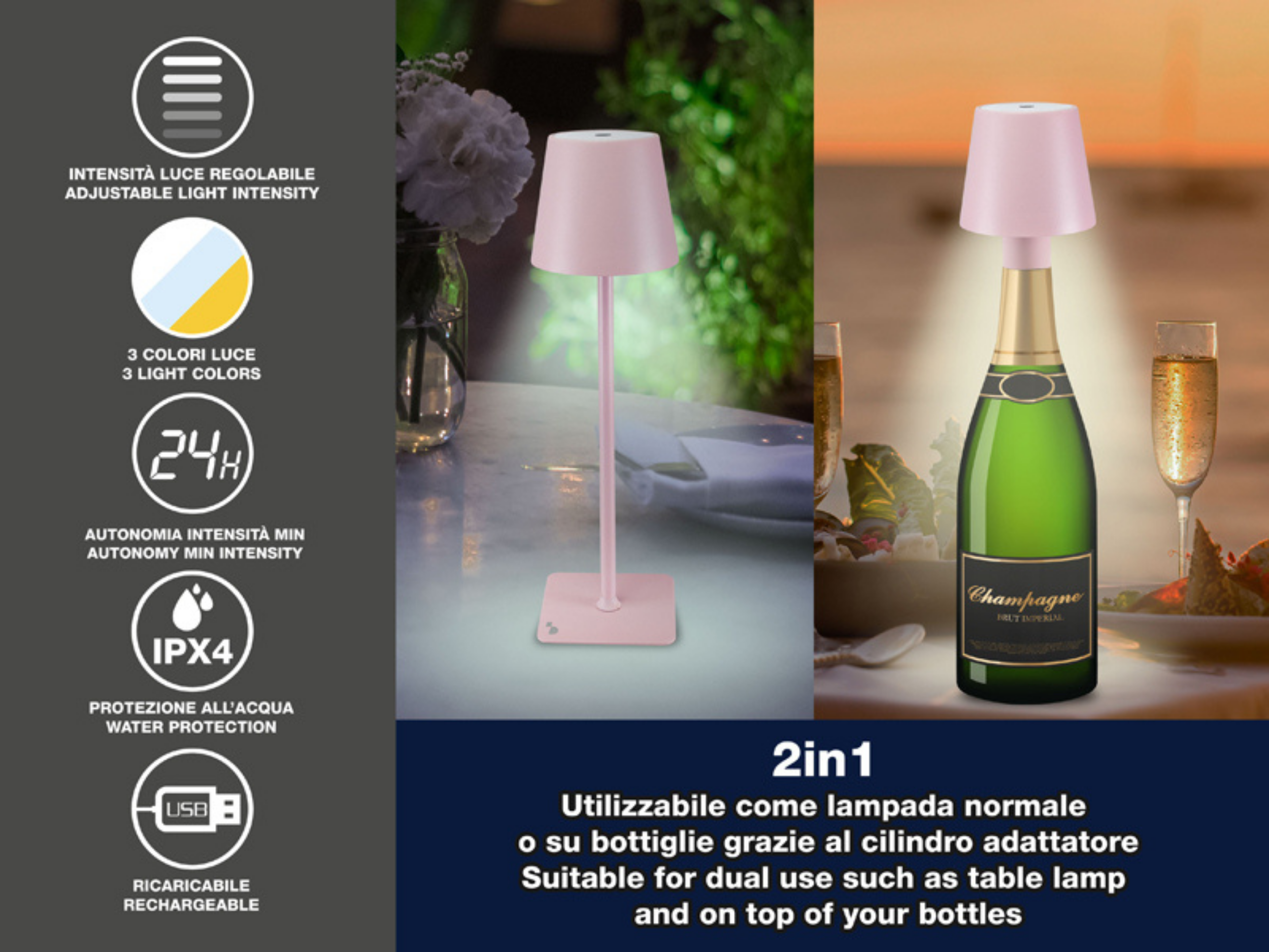 Una lampada rosa su un tavolo e su una bottiglia di champagne. Vengono visualizzate diverse funzioni.