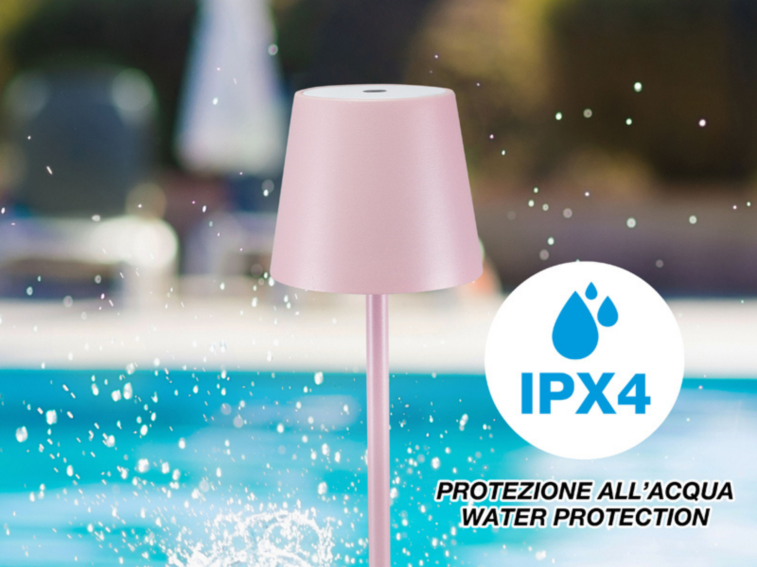 Una lampada rosa con protezione IPX4 si trova vicino alla piscina.