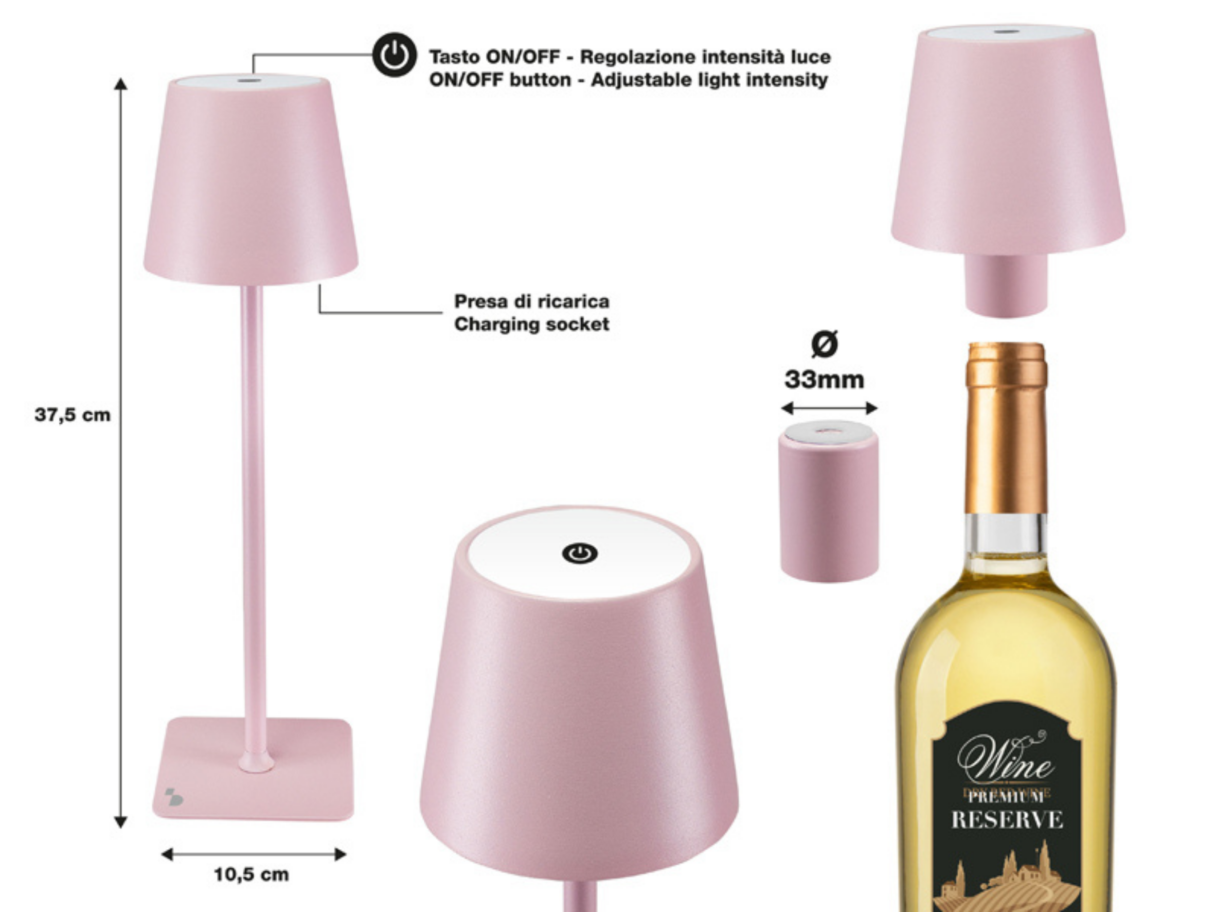 Una lampada rosa con presa di ricarica e bottiglia di vino con etichetta.