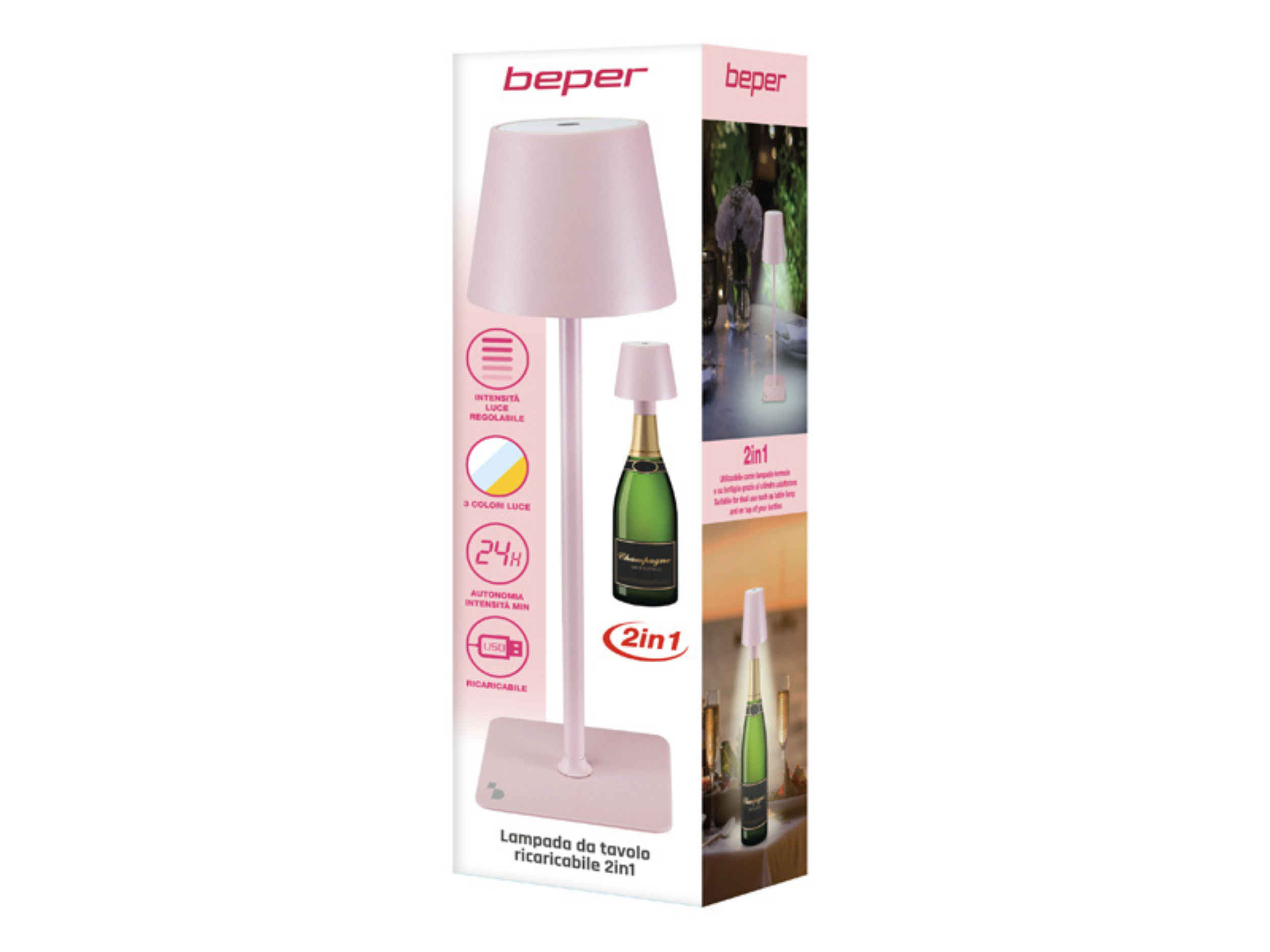 Una lampada da tavolo rosa su una bottiglia di champagne si trova su una scatola di cartone.