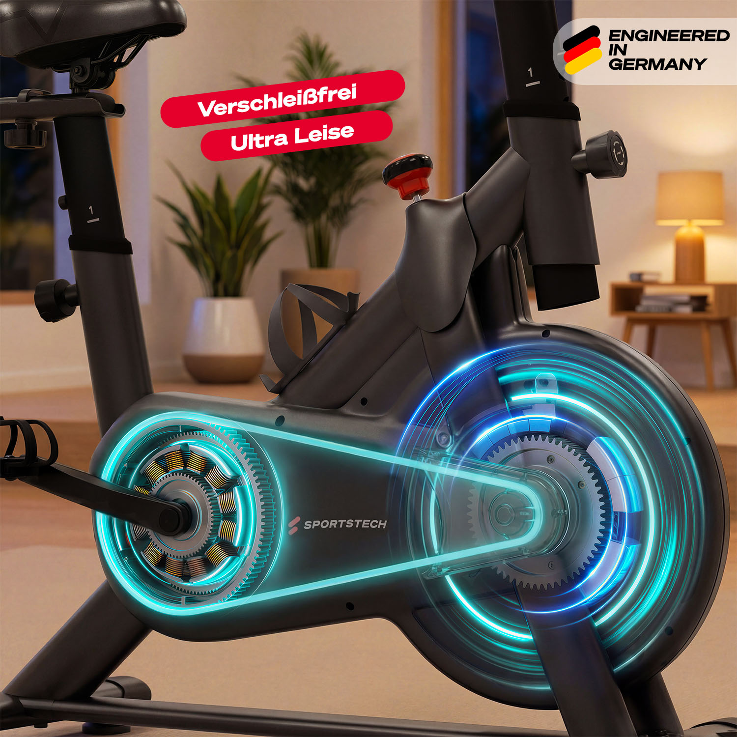 Ein schwarzes Indoor-Fahrrad mit leuchtenden blauen Akzenten am Antriebsstrang.