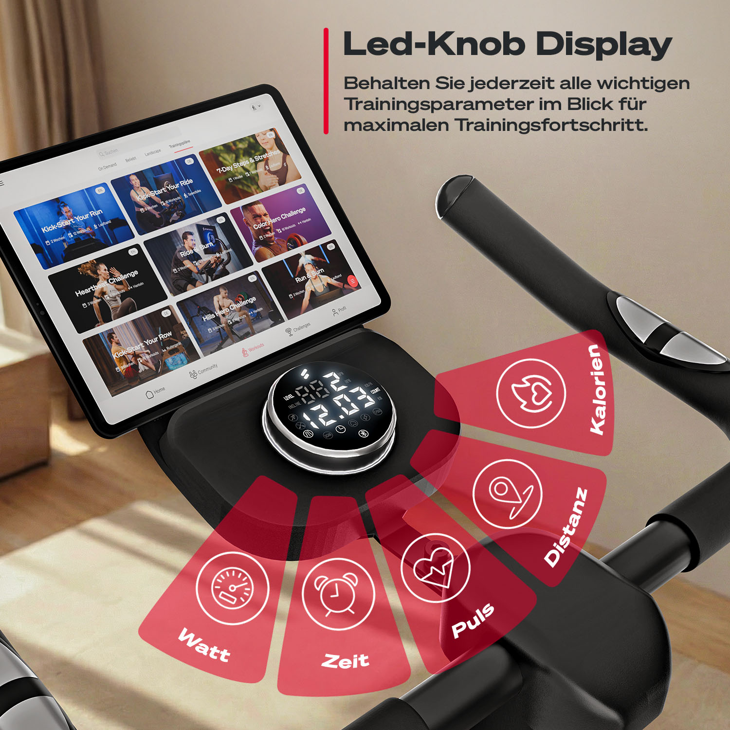 Fahrrad mit Tablet und Trainingsanzeigen, das Kalorien, Distanz, Puls, Watt und Zeit zeigt.