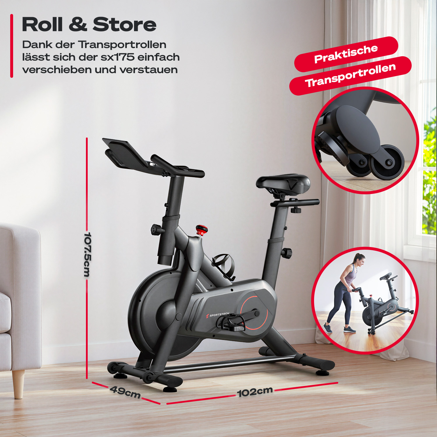 Ein schwarzes Indoor-Spinning-Rad mit Transportrollen und Größenangaben.