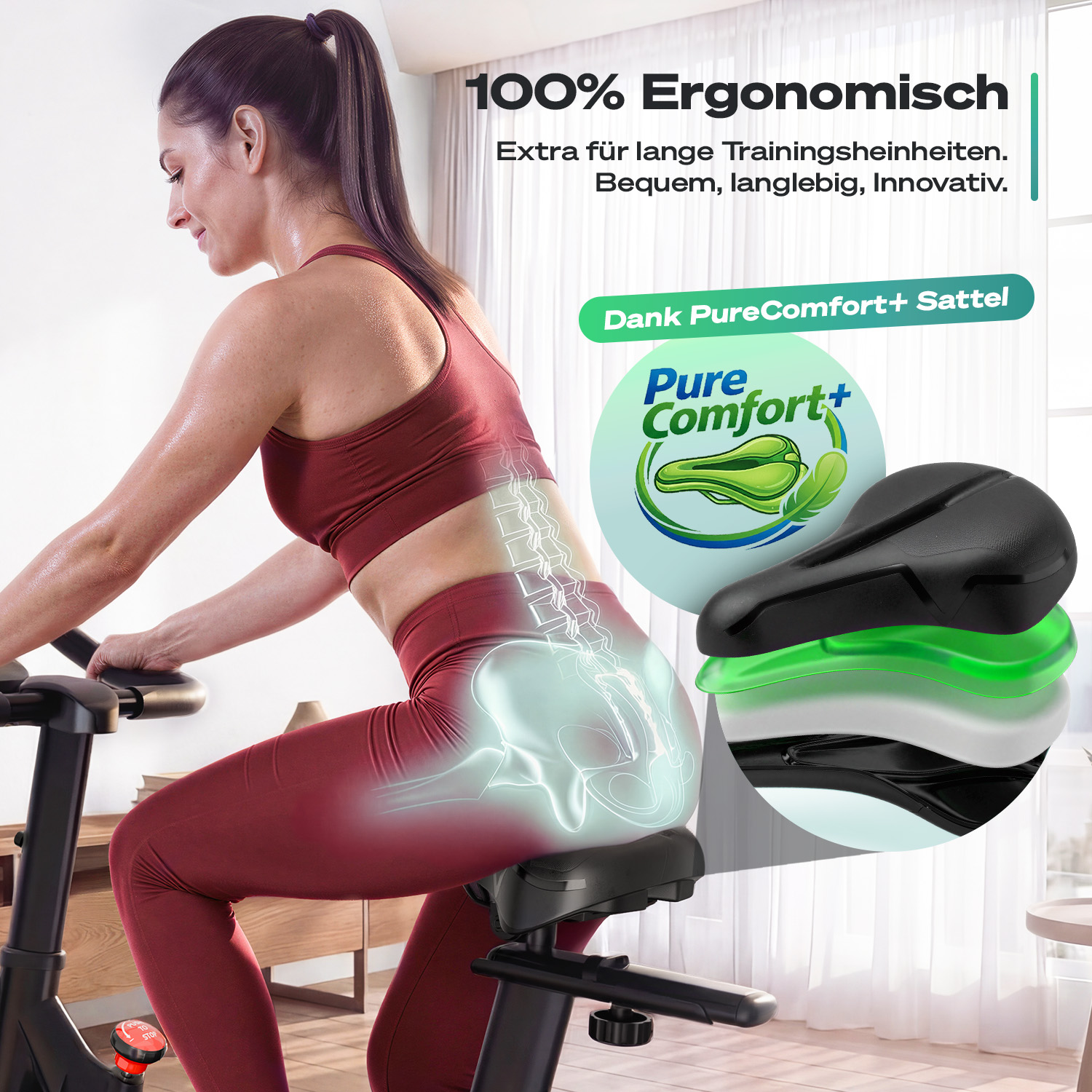 Frau auf Ergometer mit Wirbelsäulen-Grafik. Zeigt ergonomischen Sattel.