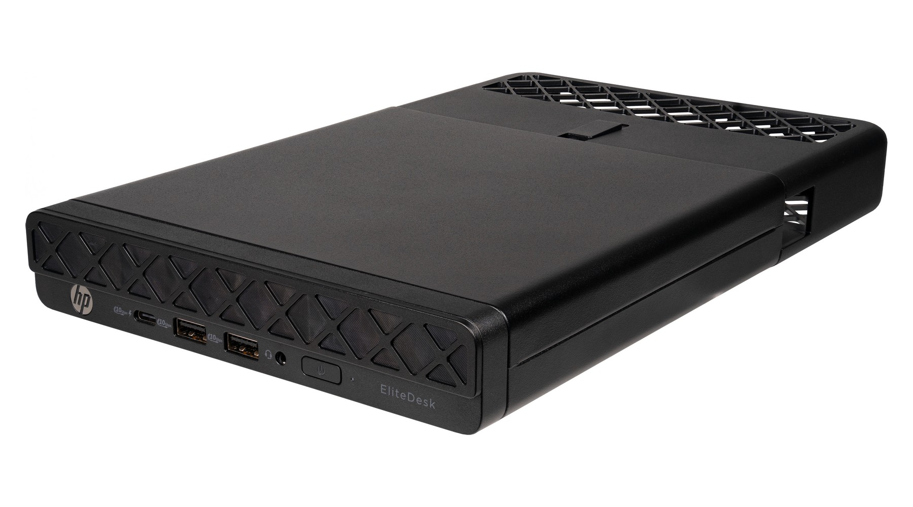 Mini PC HP EliteDesk nero con prese d'aria e porte frontali.