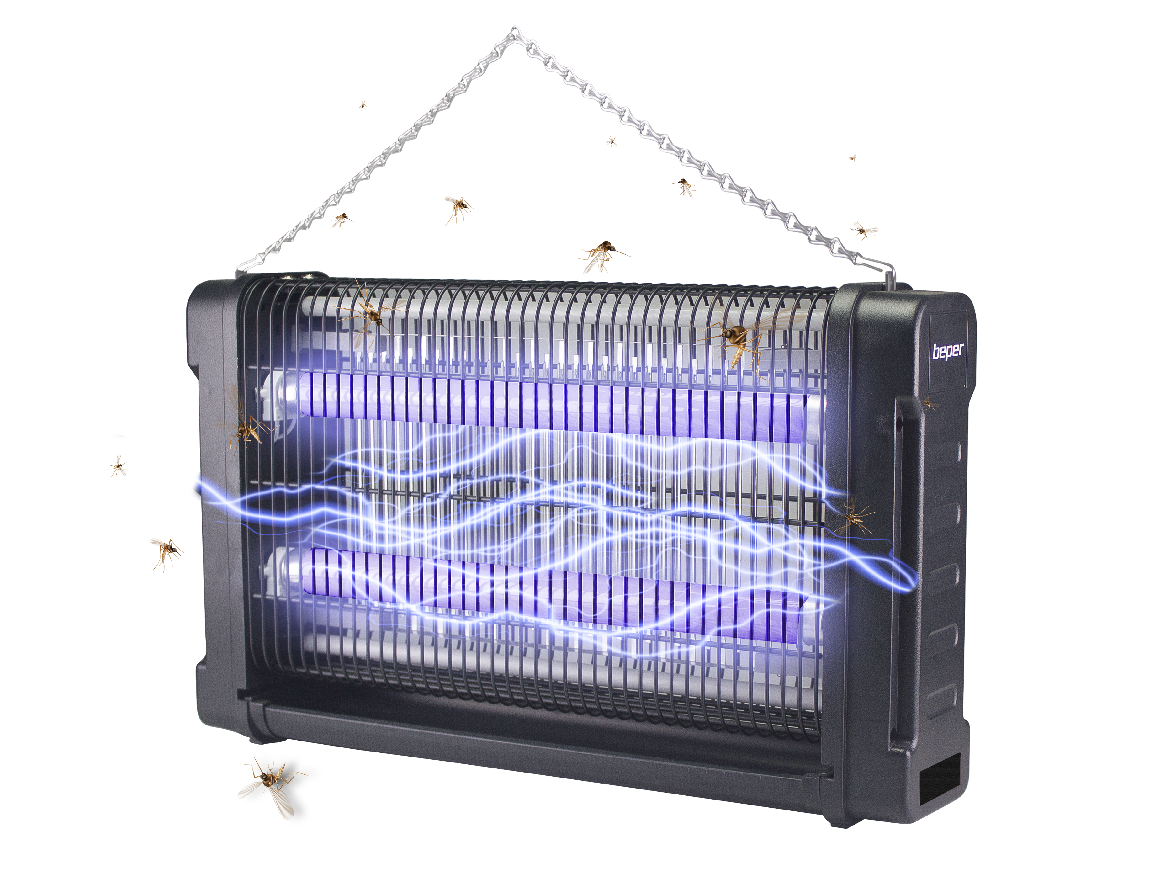 Uccisore di insetti nero con tubi UV blu e zanzare.