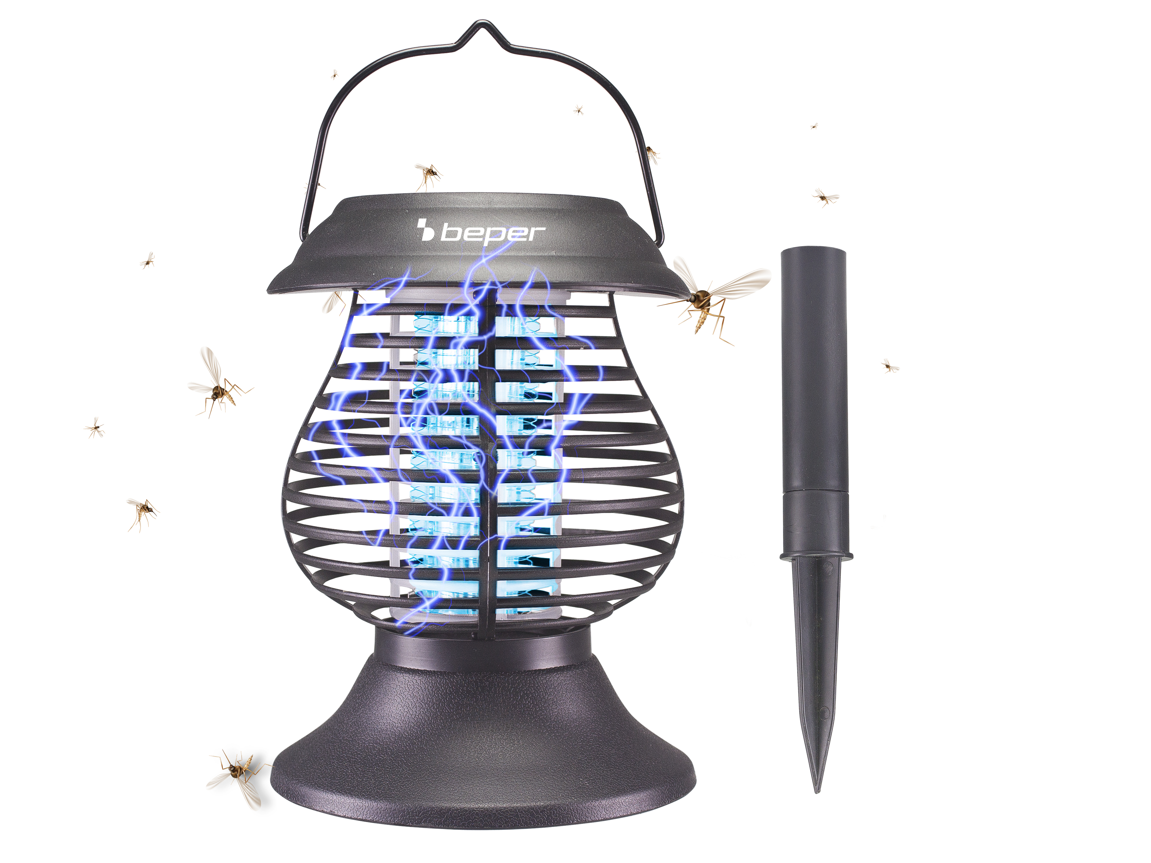 Zanzariera nera con luce blu e insetti volanti intorno.