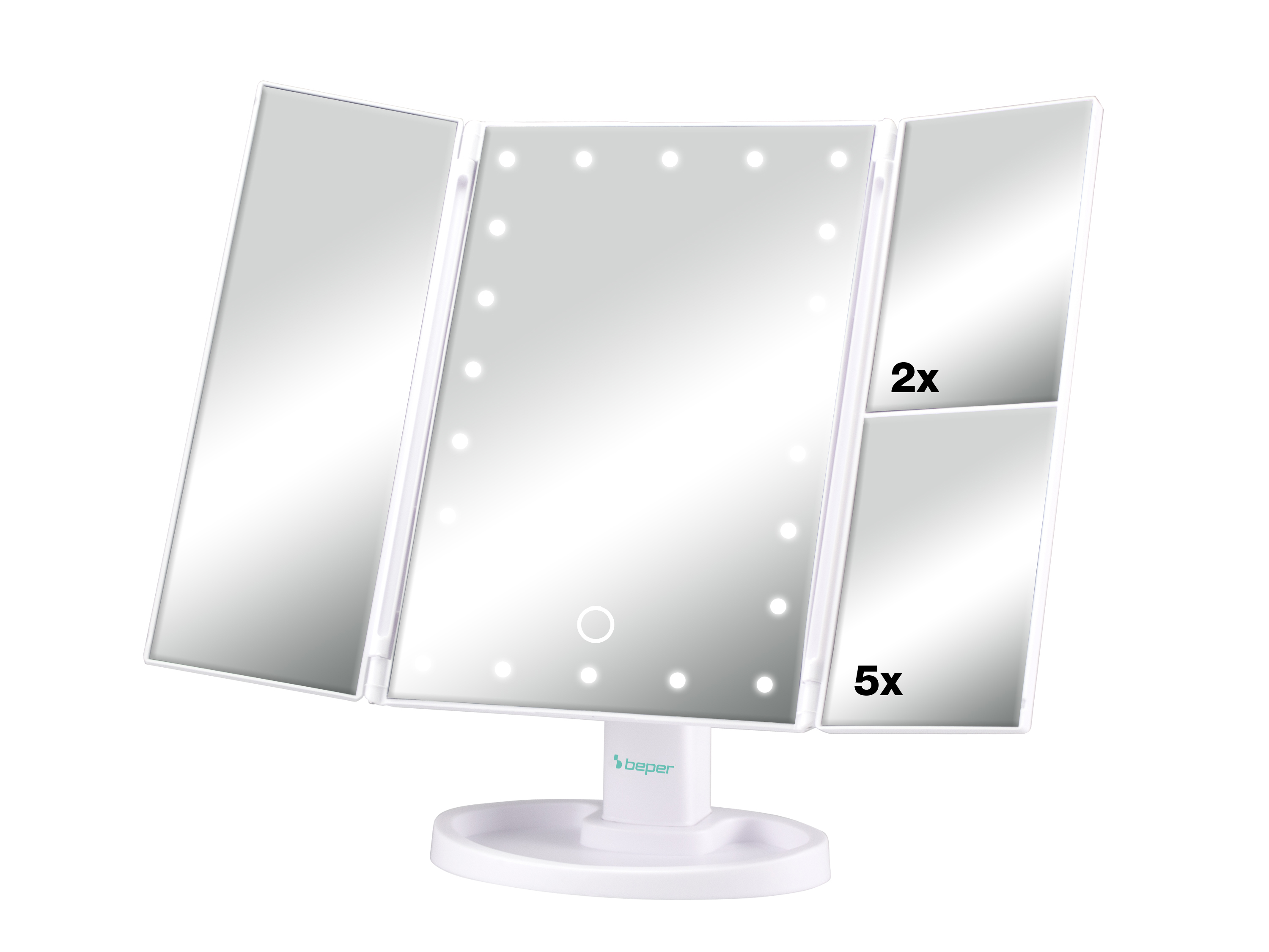 Uno specchio da trucco bianco pieghevole con luci e ingrandimento.