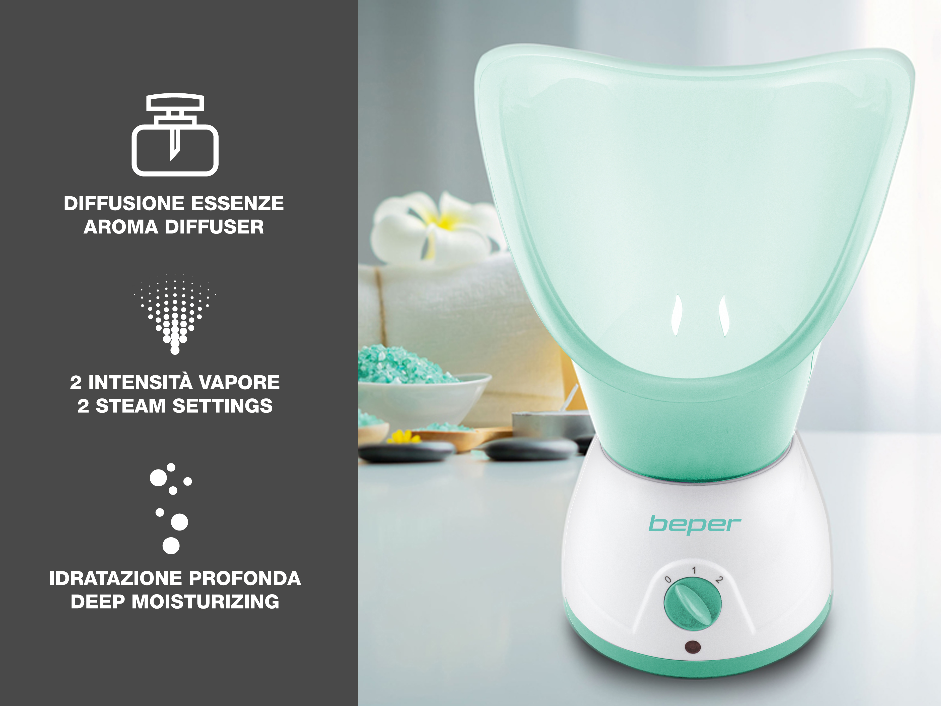 Un vaporizzatore viso Beper verde e bianco con accessori spa.