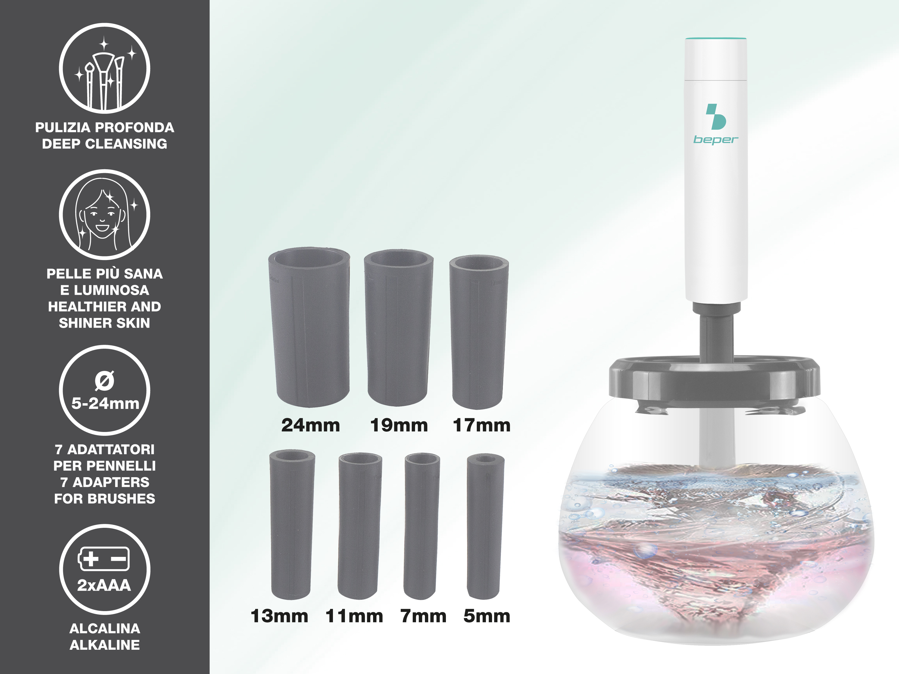 Un pulitore elettrico con vari accessori per spazzole e un contenitore di vetro con acqua.