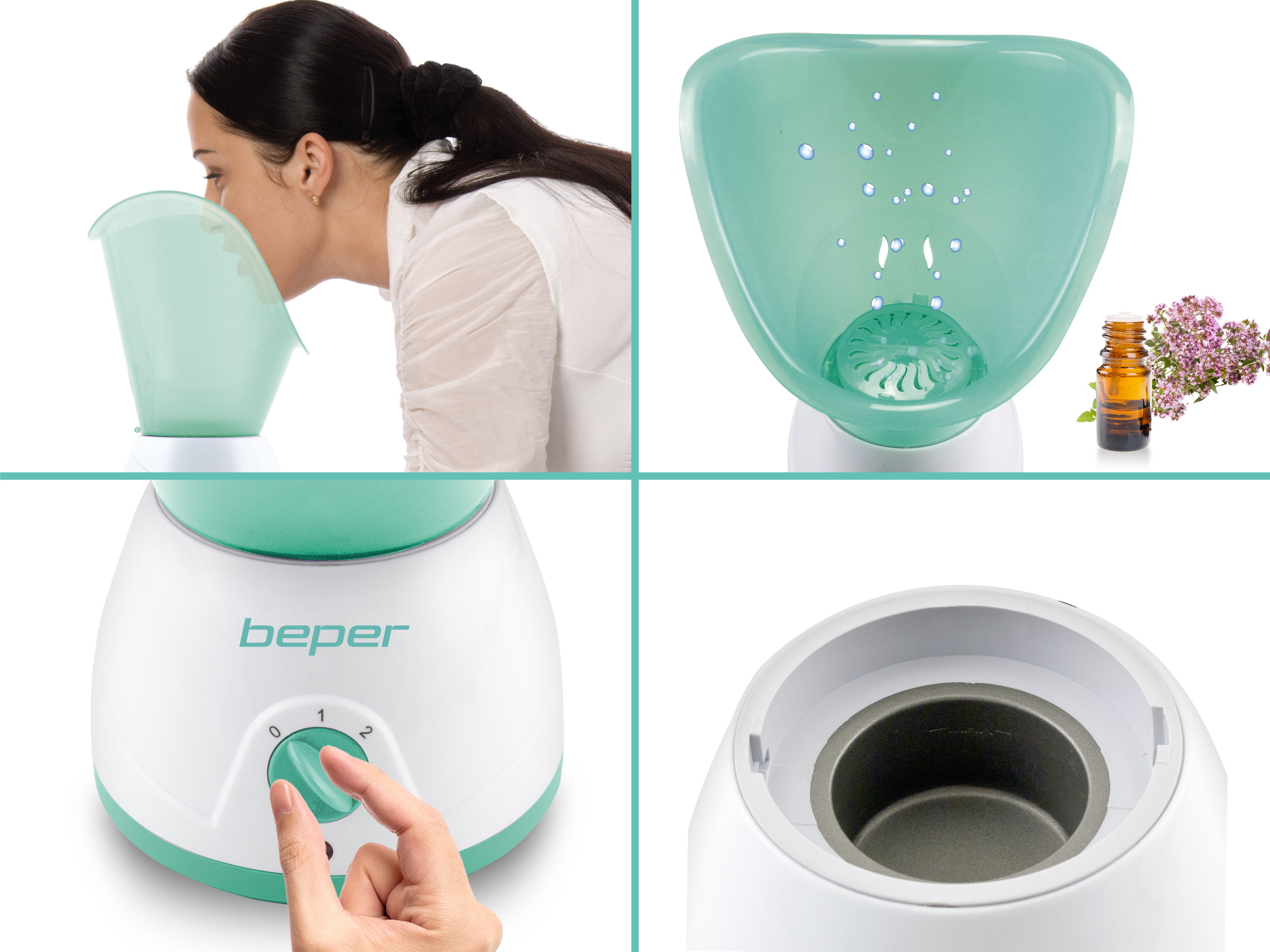 Una donna usa un vaporizzatore per il viso. Un apparecchio Beper con manopola e una boccetta di olio essenziale.
