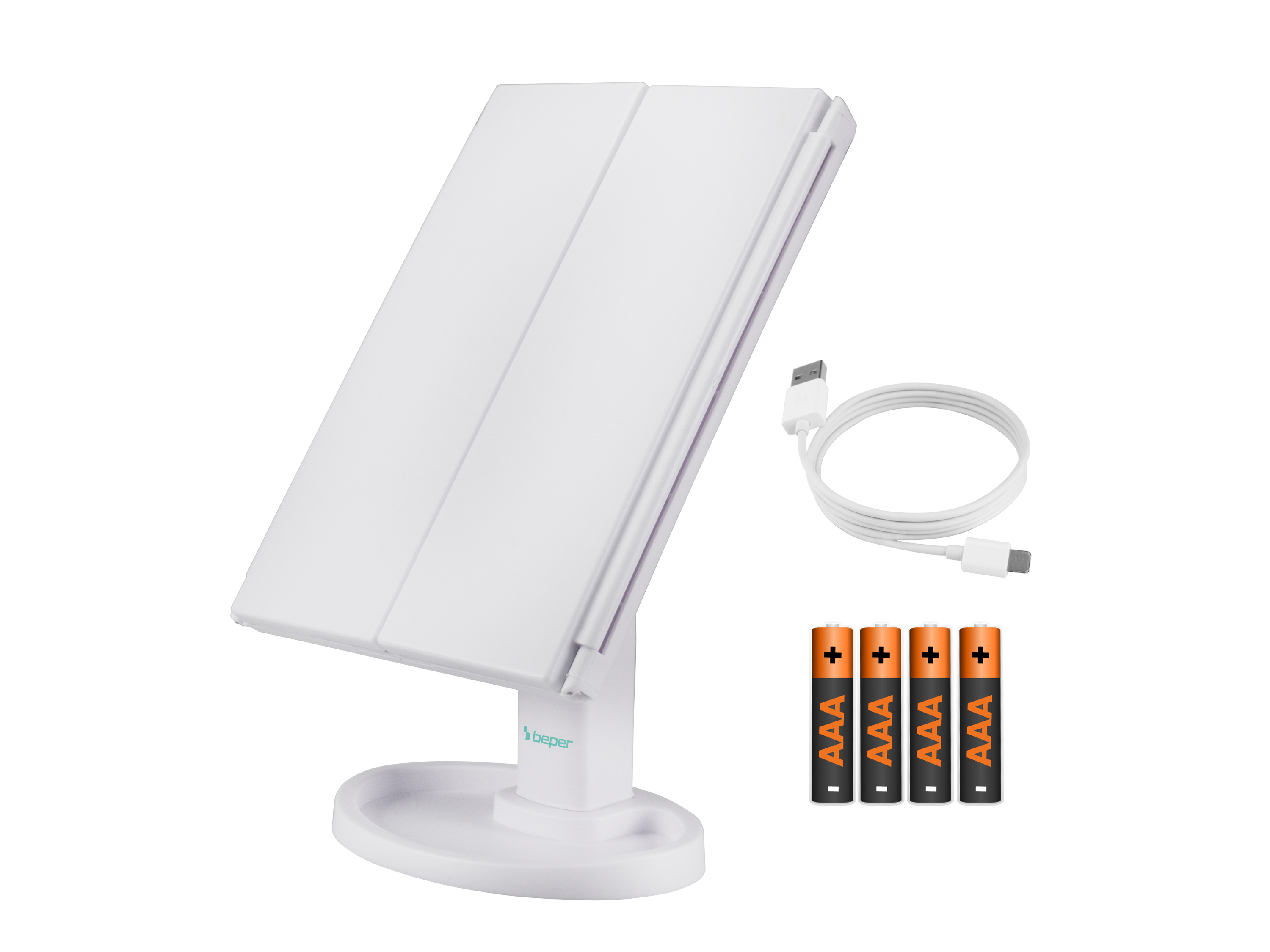 Uno specchio per il trucco bianco con cavo USB e quattro batterie AAA.